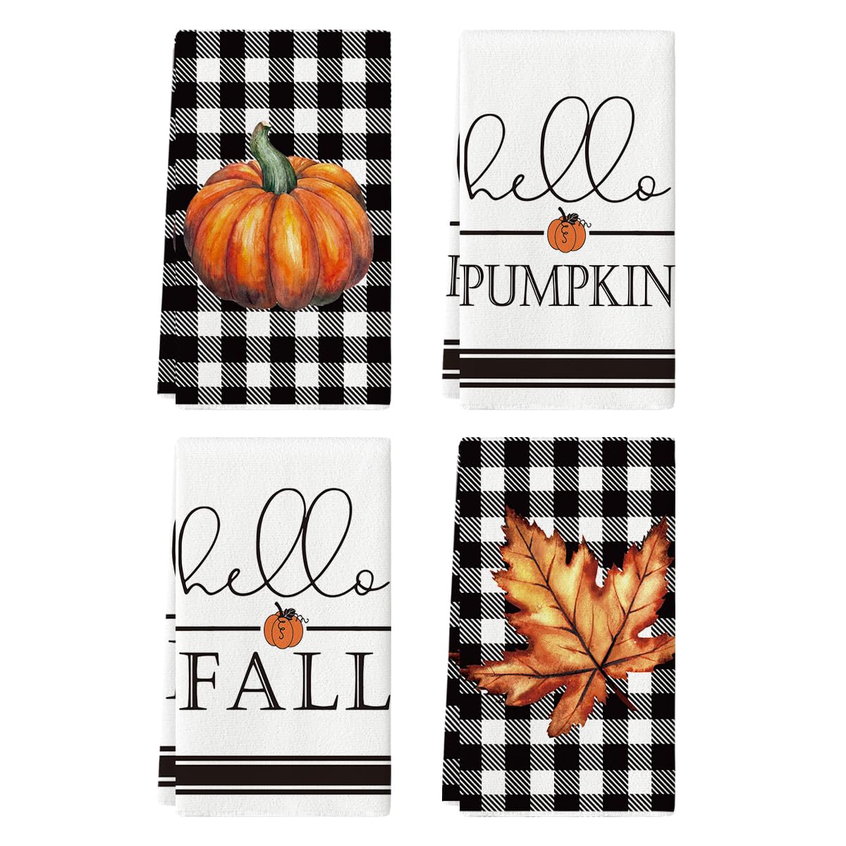 Artoid Mode Buffalo Plaid Pumpkin Hello Fall Kitchen Towels Dish Towels, 18X26 Inch Decoration Hand Towels Set Of 4