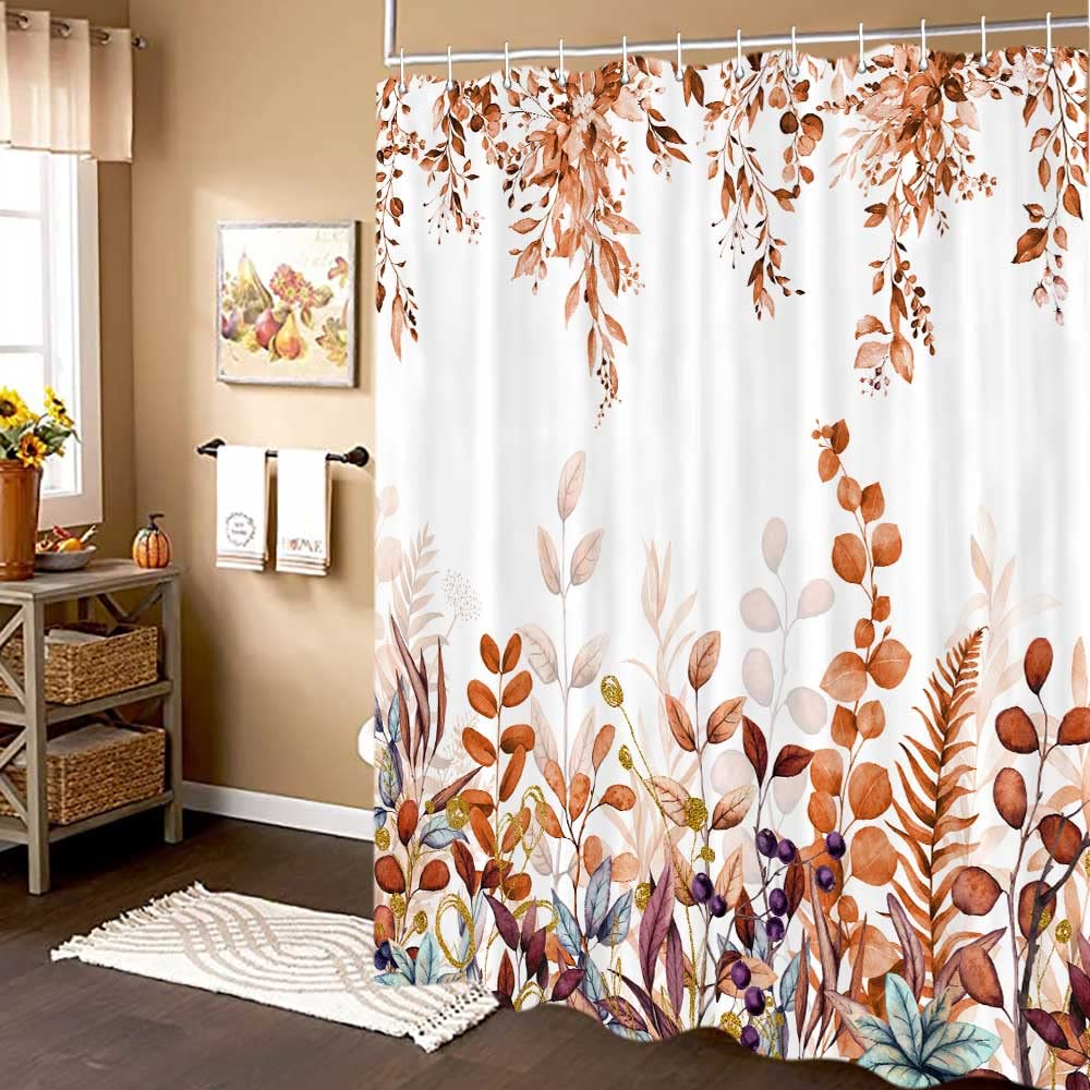 Veigike Fall Floral Shower Curtain, Cute Autumn Red And Gold Leaves Flower Harvest Fabric Shower Curtains Set For Bathroom, Whit