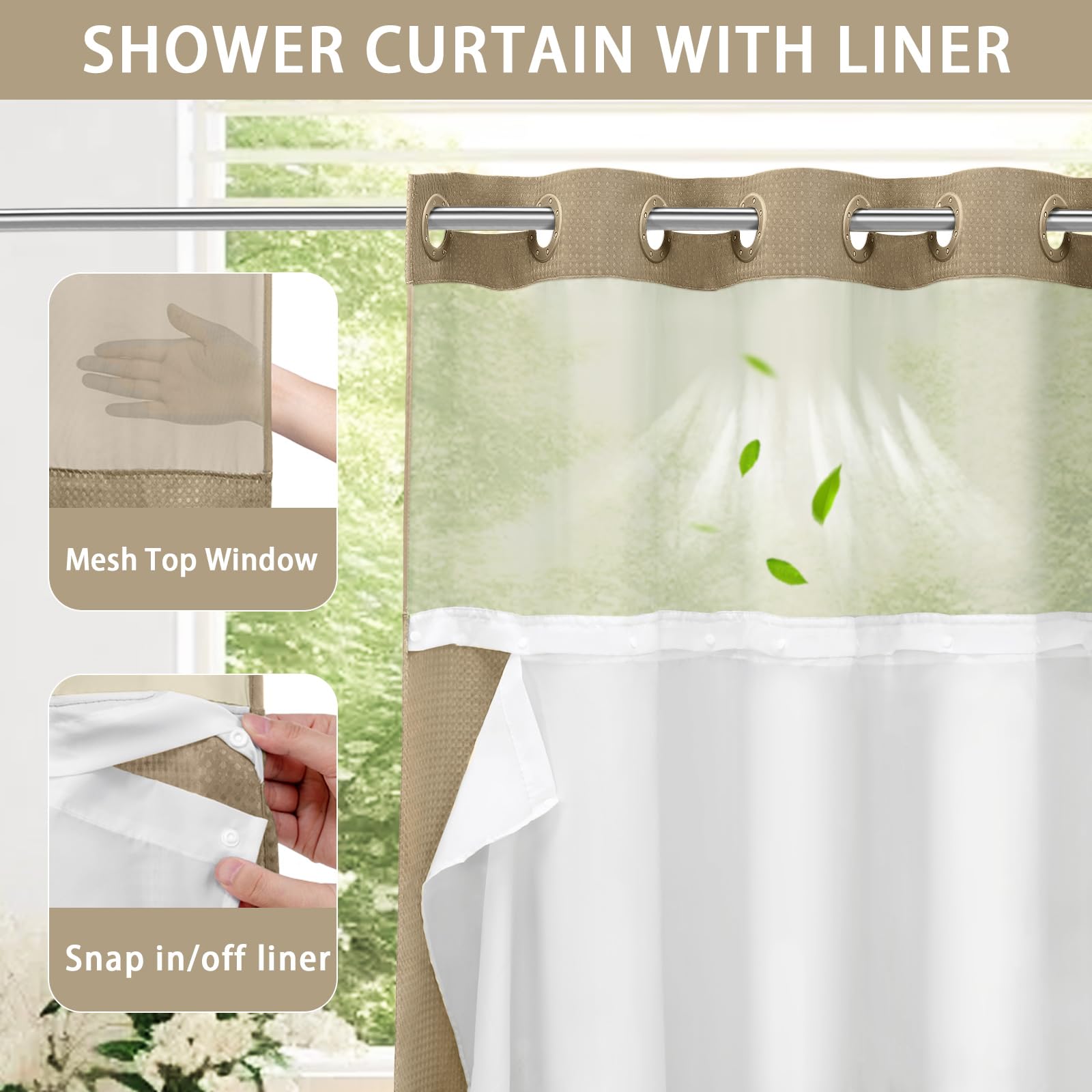 Yellyhommy No Hook Shower Curtain With Snap In Liner Set Less Time Waffle Shower Curtain For Bathroom (Beige, 81'' L X 72'' W)
