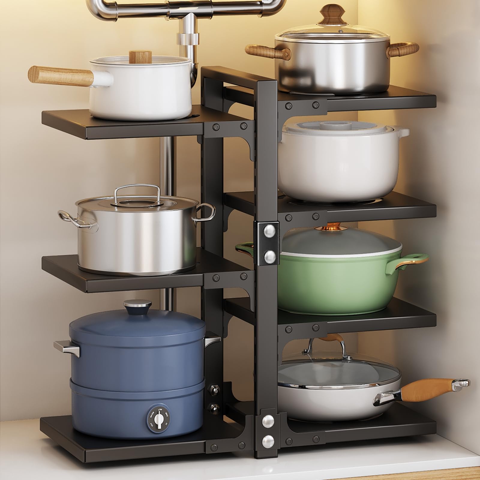 Pot Rack Organizers:Casonnik 7-Tier Adjustable Heavy Duty Pan Organizer Rack For Cabinet