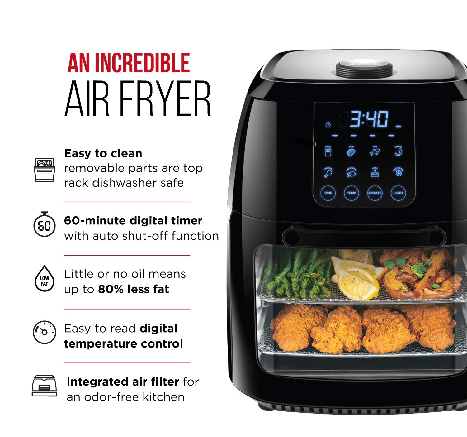 Chefman 6.3-Qt 4-In-1 Digital Air Fryer+, Rotisserie, Dehydrator, Convection Oven, Xl Family Size, 8 Touch Screen Presets, Bpa-F