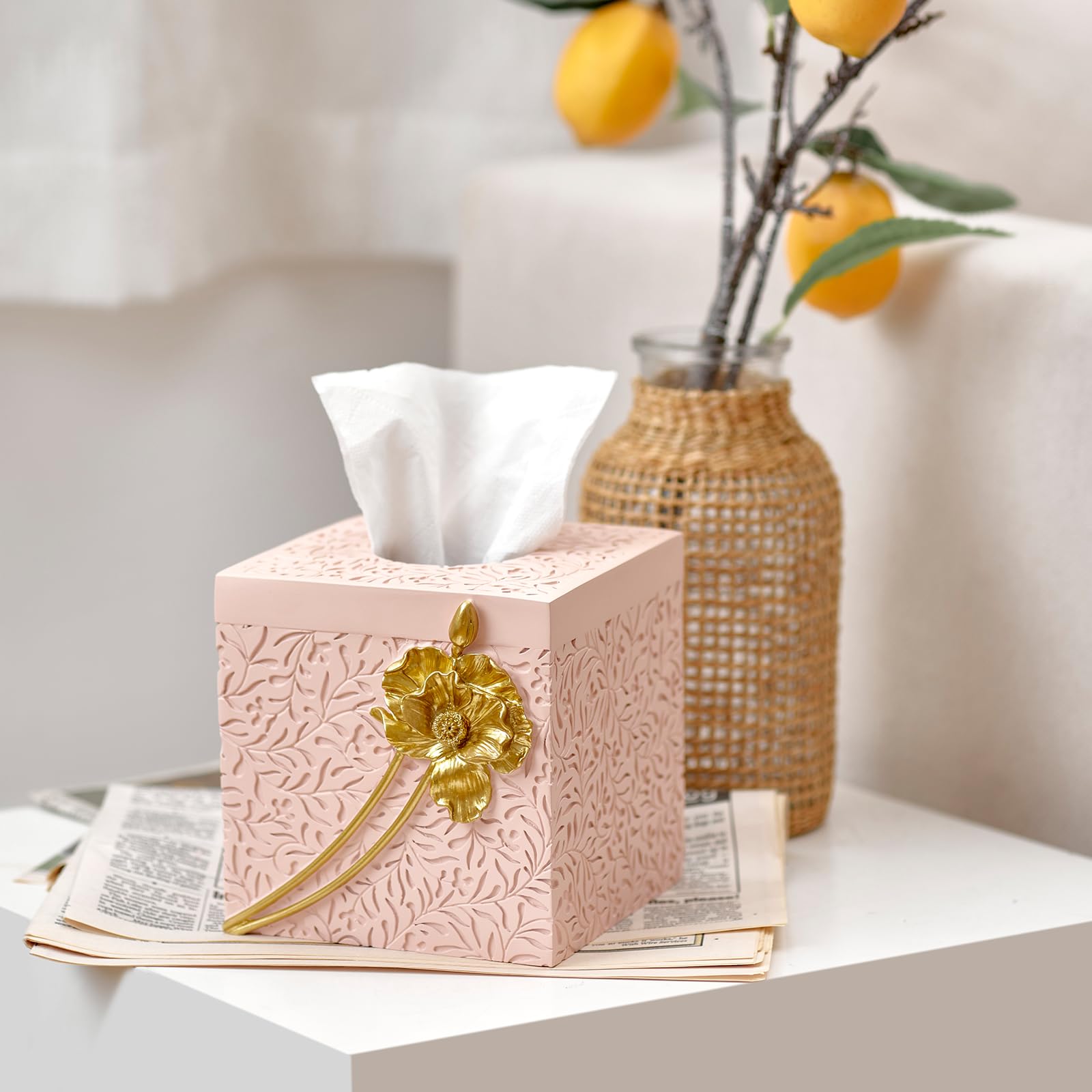 Gold Flowers Square Tissue Box Cover,Tissue Box Holder For Bathroom Home Decor,Hand Carved 3D Florwers Tissue Case,Farmhouse Pap