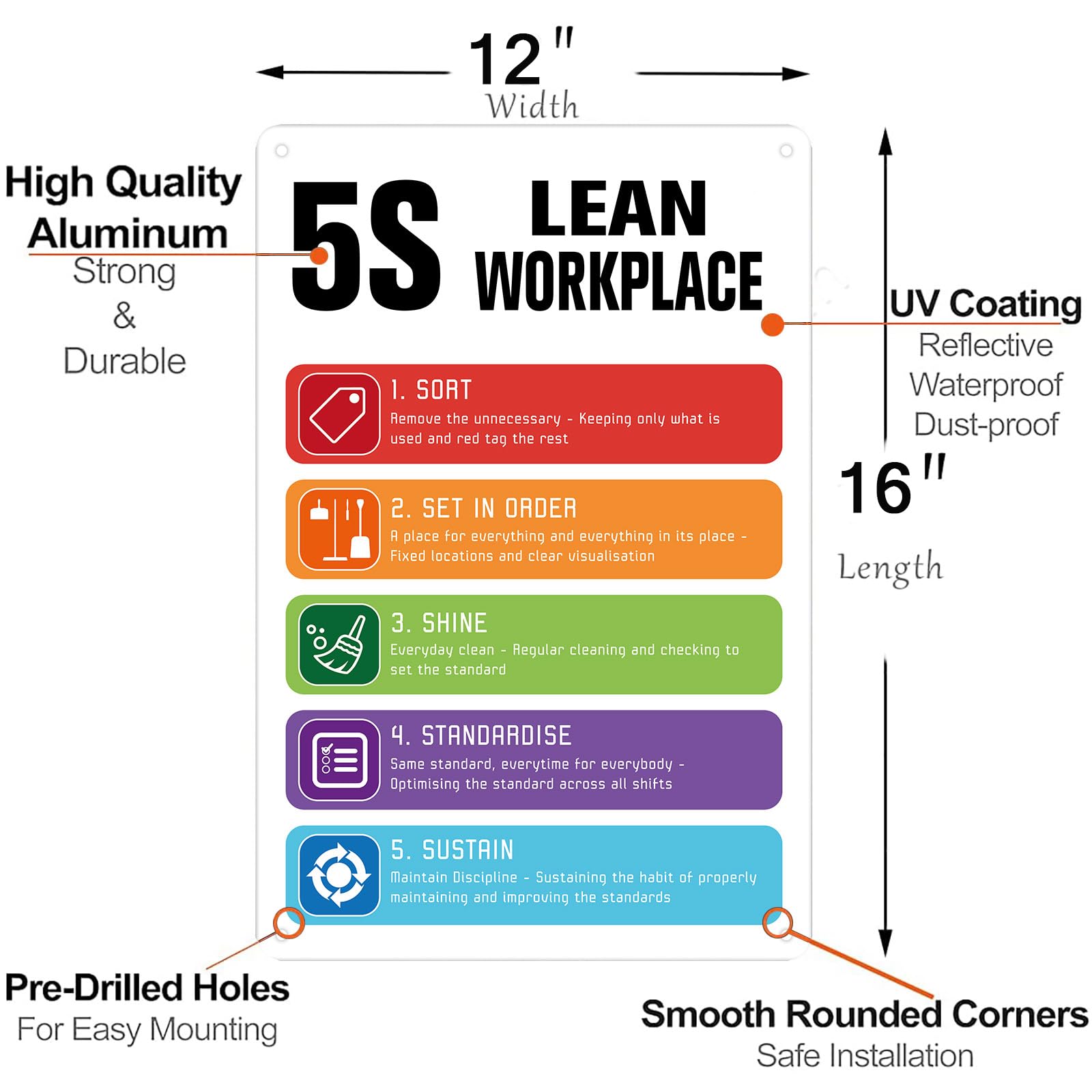 Oksinity 5S Lean Workplace Metal Tin Sign Bar Signs For Farmhouse, Home, Office, Classroom, Restaurant (White, 16x12 Inch)