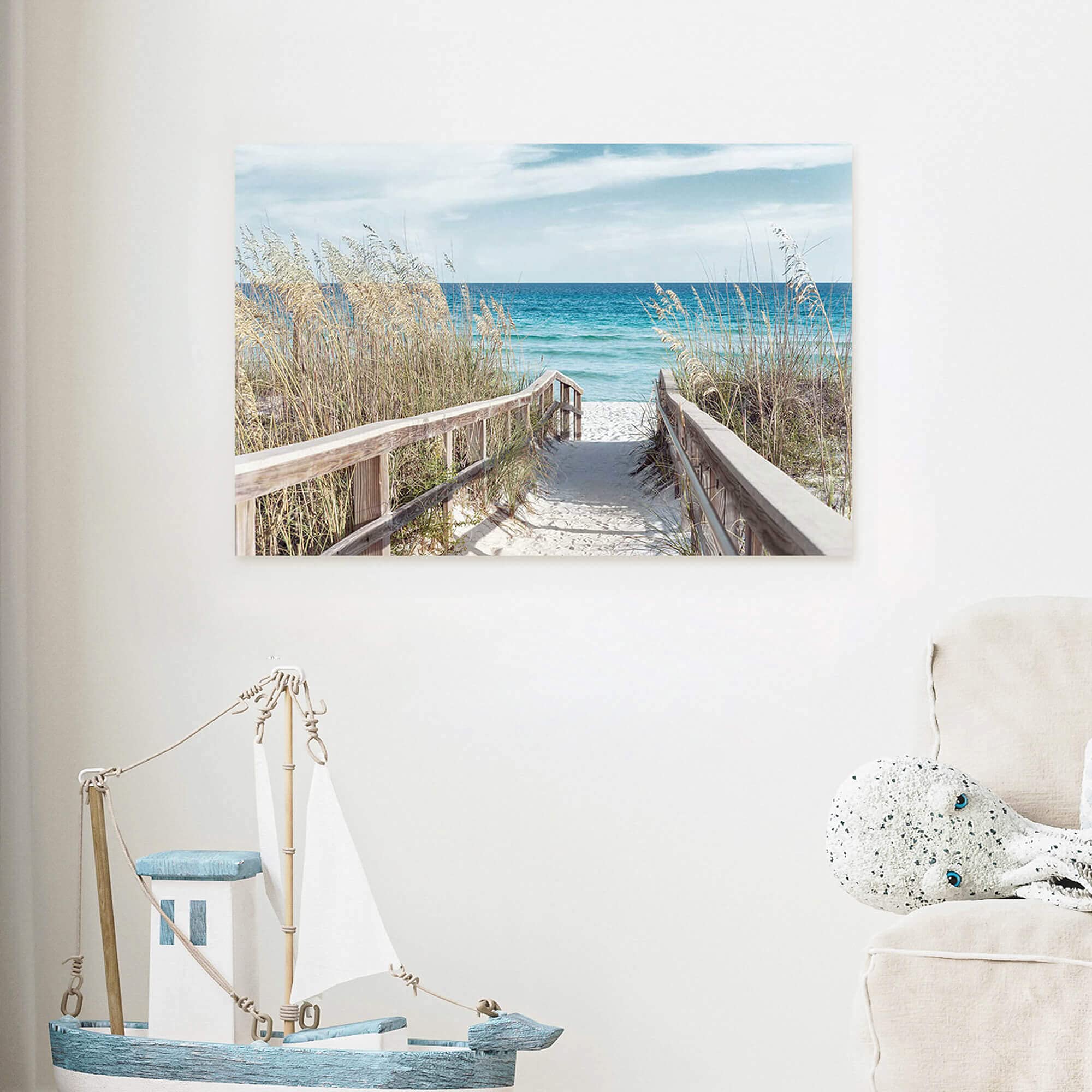 Wallsup Decor Beach Pathway Canvas Wall Art - Ocean Theme Artwork Boardwalk Picture With Wood Toned Fence And Weeds Painting For