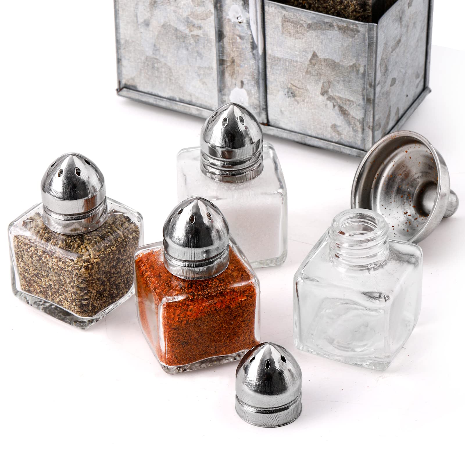 Zeayea Set Of 24 Small Salt And Pepper Shakers, 0.5 Oz Mini Glass Seasoning Jars With Funnel, Glass Cube Body Spice Shakers For