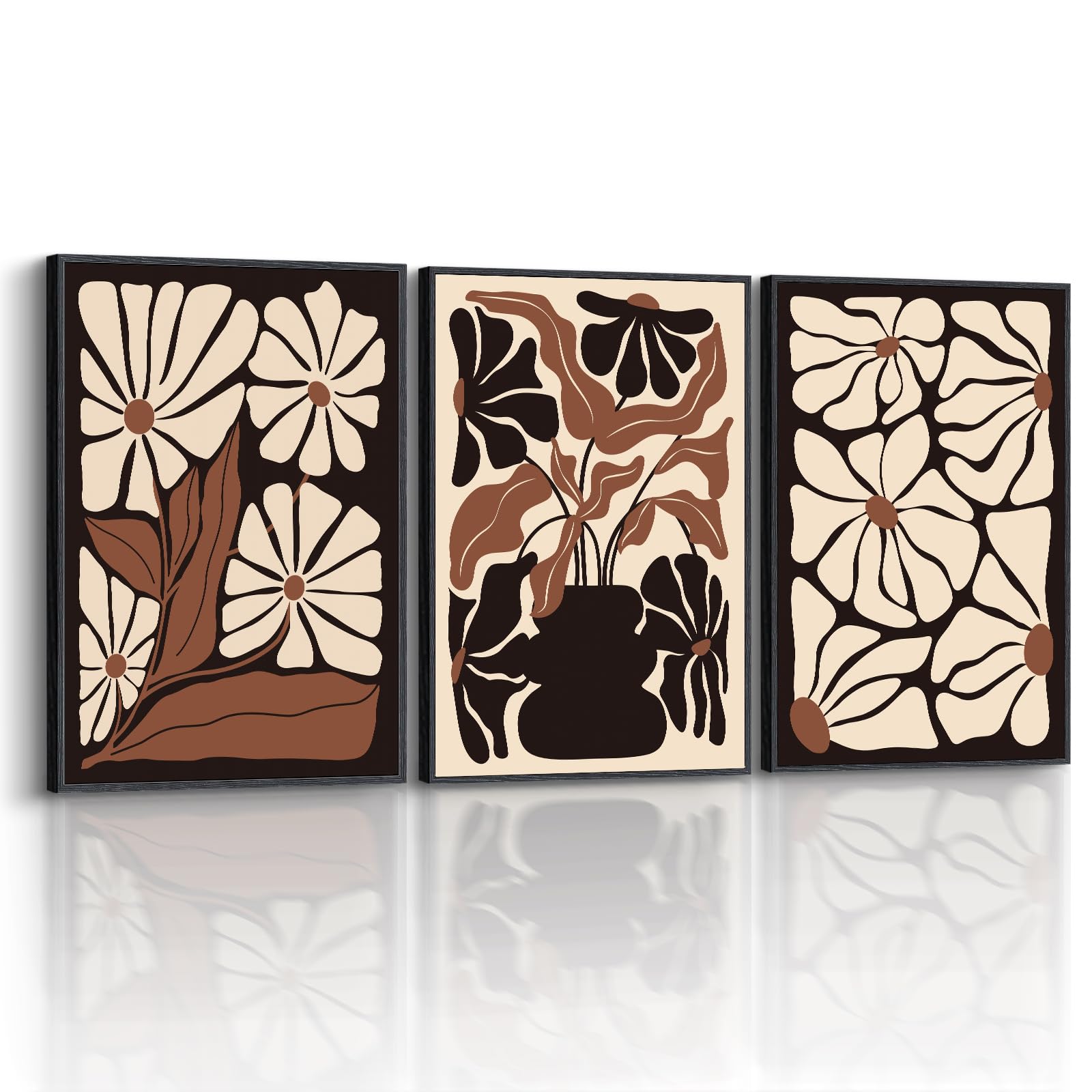 Insimsea 3 Pcs Framed Canvas Wall Art, Living Room Abstract Floral Art, Boho Vintage Decor, Bedroom Wall Decor Above Bed, Modern