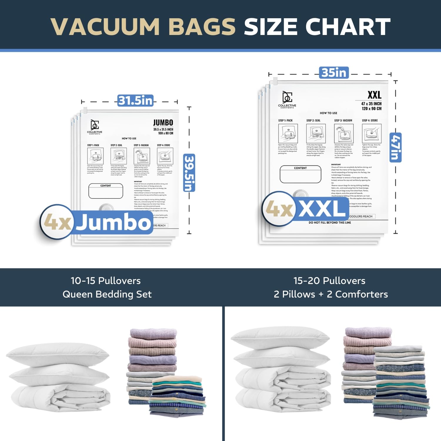 8 Pack Xxl Jumbo Vacuum Storage Bags - Vacuum Seal Bags For Clothing, Bedding, Blankets - Comforter And Pillow Storage - Space S