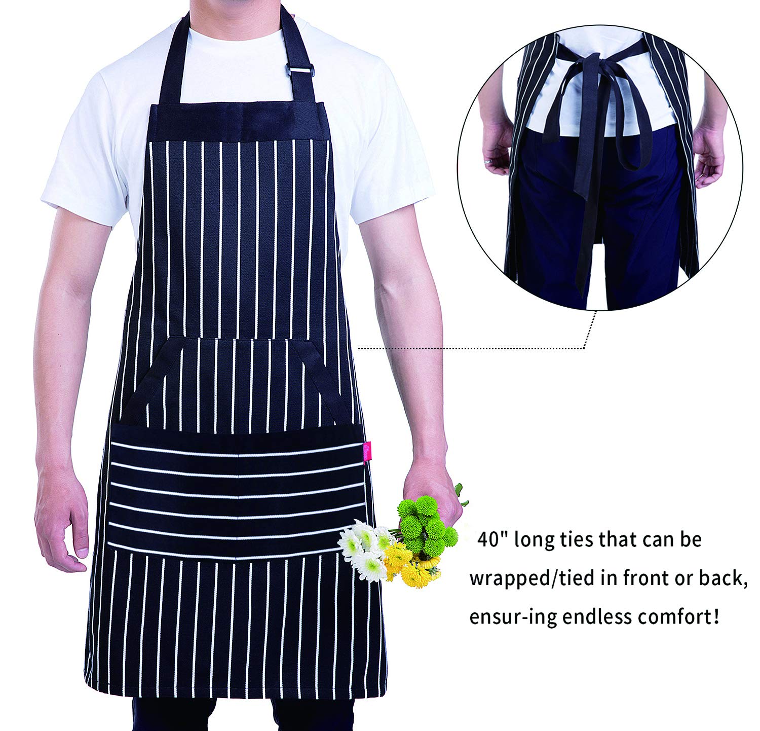 Alipobo Kitchen Cooking Apron For Women And Men, Adjustable Chef Bib Apron With Pockets - 32'' X 28'' - Black/White Pinstripe- 1