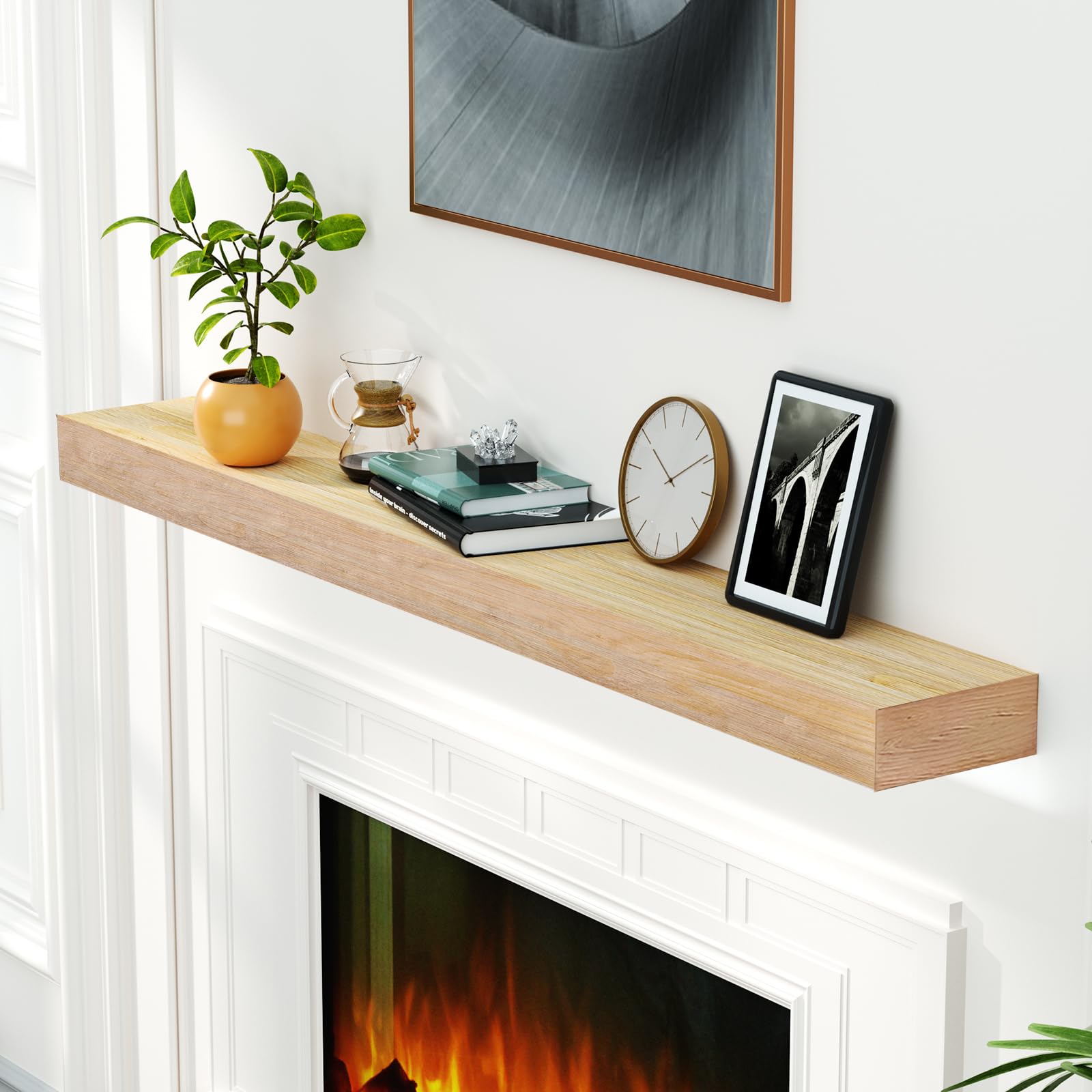 Roomtec Fireplace Mantel,60'' Wood Floating Fireplace Shelves,Wall Mounted Wooden Display Shelving,Handcrafted Wood Brack,Natura