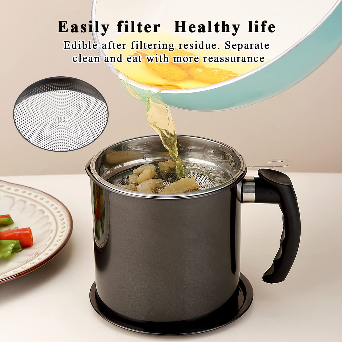 Kyraton Black Bacon Grease Container With Strainer  48 oz Black Coating Stainless Steel Oil Container  Pot Fat Storage With Lid  Easy Grip Handle Suitable For Storing Frying Oil And Cooking Grease