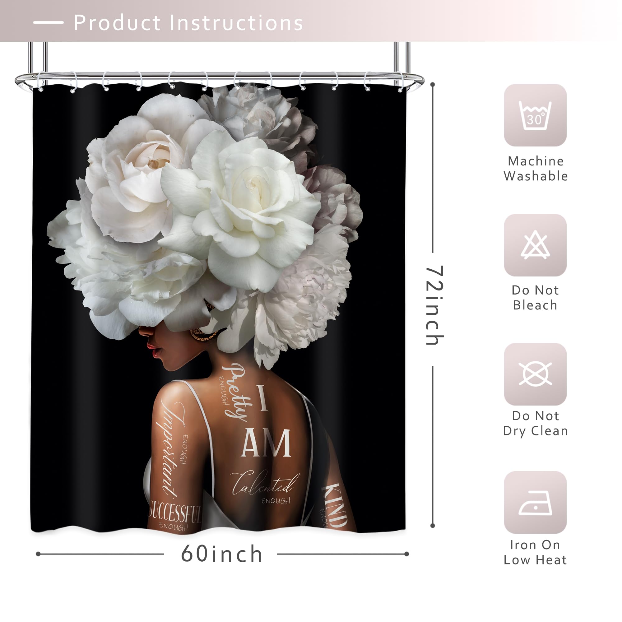 Riyidecor African American Shower Curtain 60Wx72H Inch Black And White Shower Curtains Floral Queen Peony Flower Rose Quotes Mod