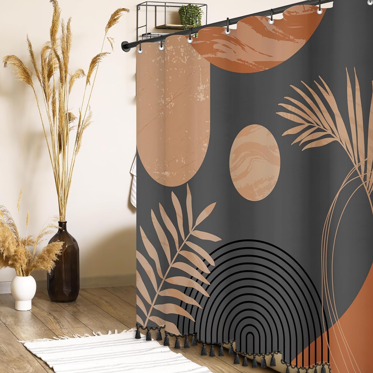 Giumsi 72'' X 72'' Boho Mid Century Leaf Shower Curtain,Arch Sun Design,Minimalistic Leaves Pattern,Waterproof And Luxurious Cho