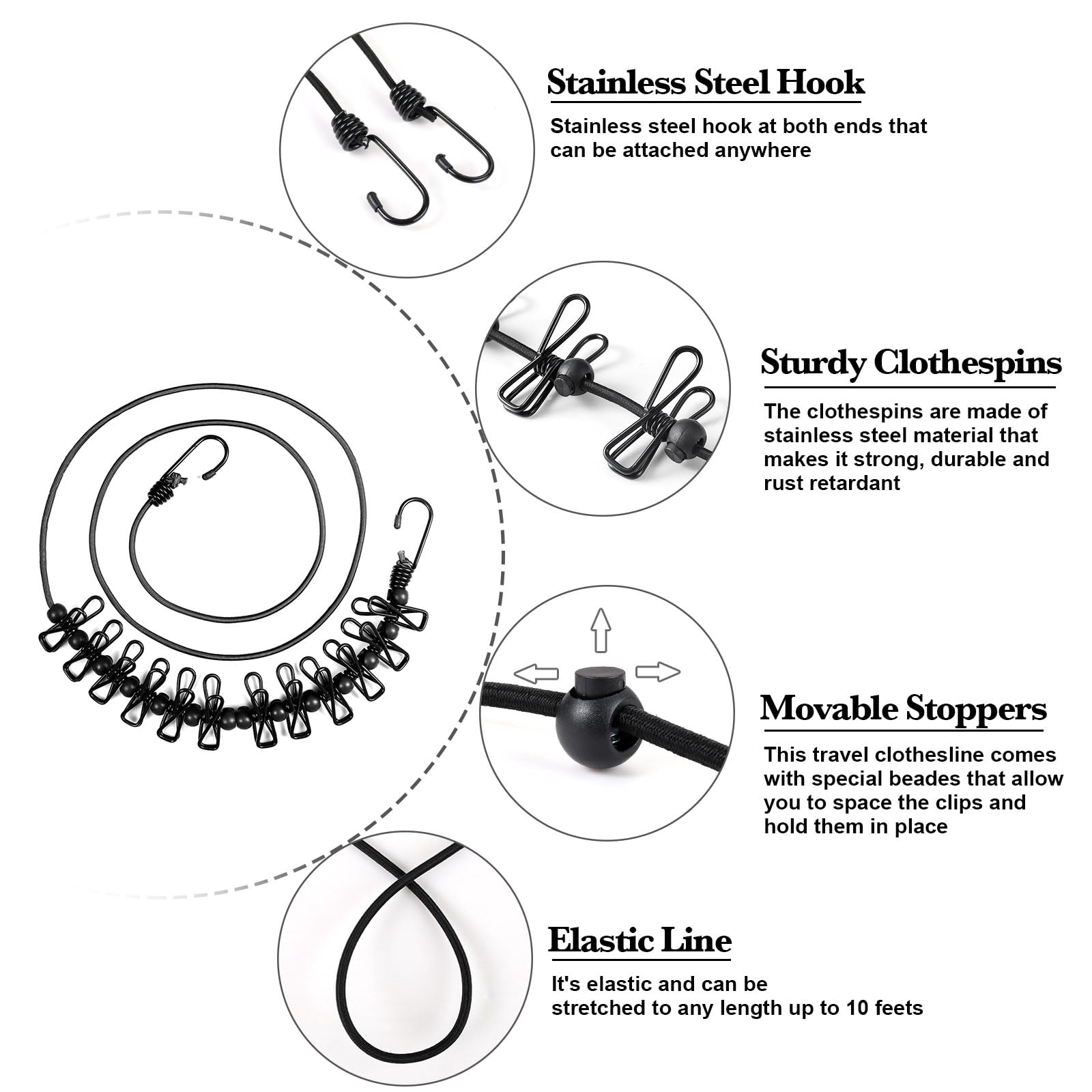 Hawatour Travel Clothesline, Portable Retractable Clothesline With 12Pcs Clothespins For Indoor Laundry Drying, Outdoor Camping