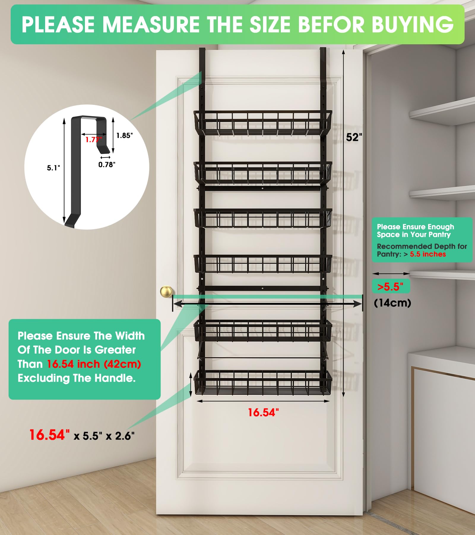 Mefirt Over The Door Pantry Organizer, Pantry Hanging Storage and Organization, 6 Adjustable Baskets Heavy-Duty Metal Wall Mount