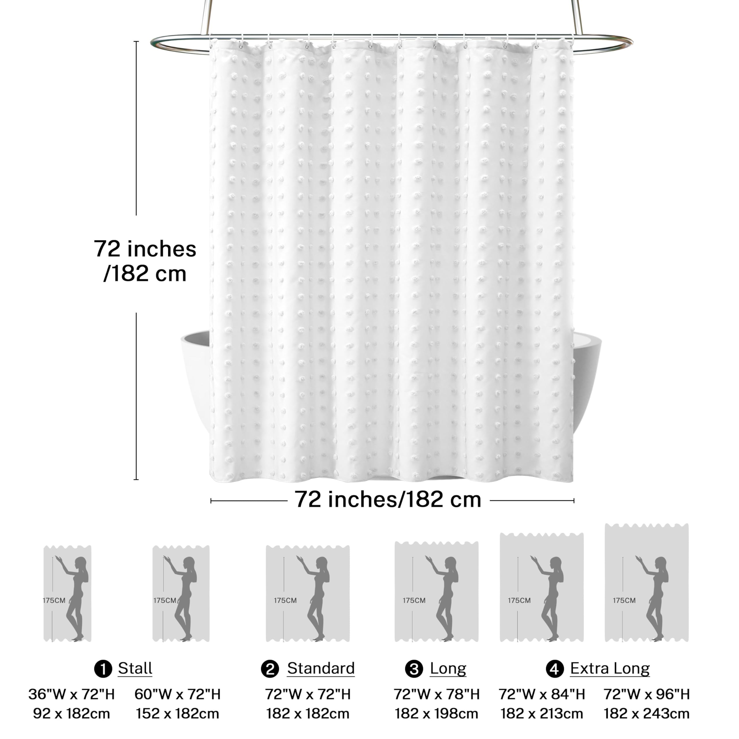 Siiluminisoy Boho Farmhouse White Shower Curtain Woven Fabric Shower Curtain, 72 X 72 Tufted Pleat Floral Puffs Textured Modern