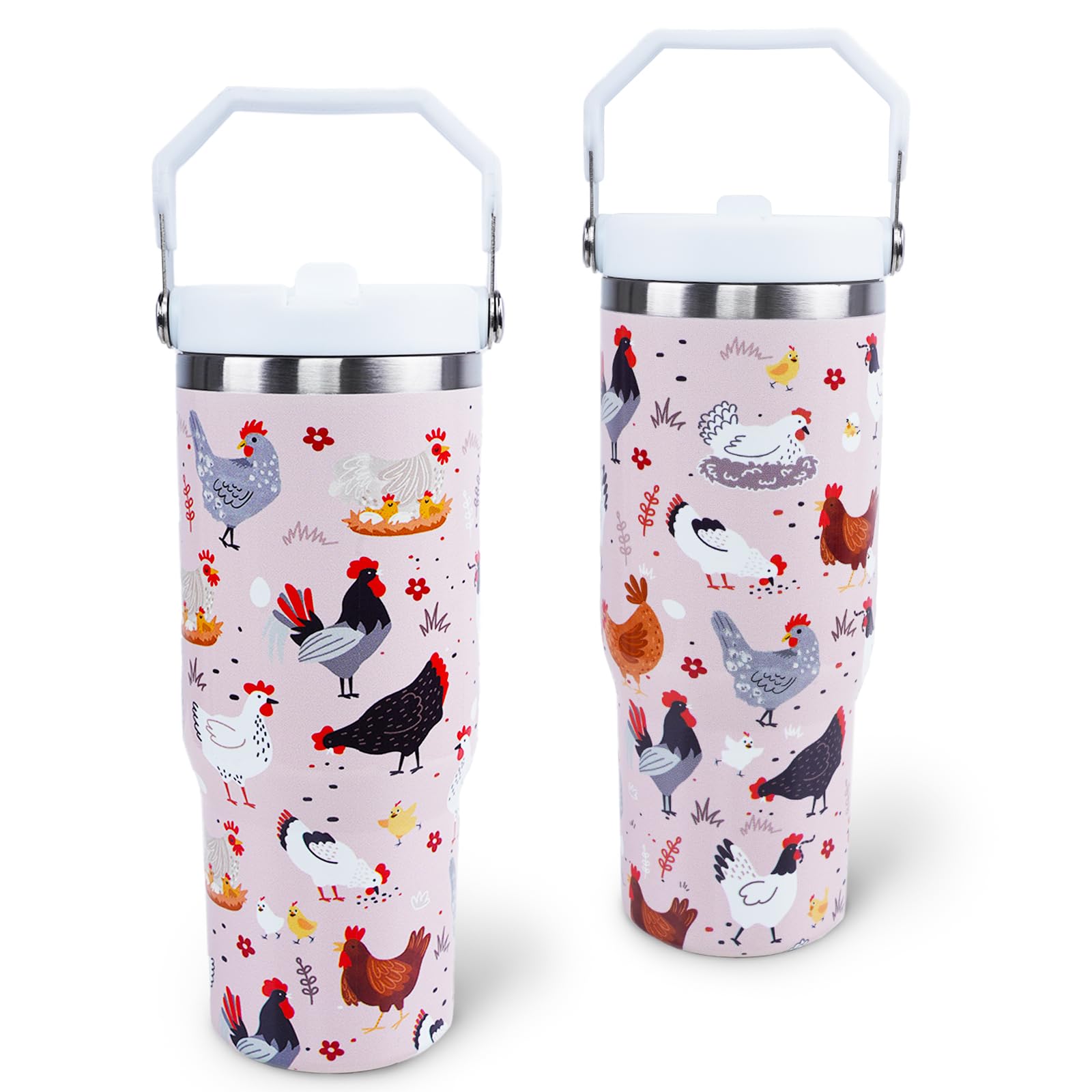 30 Oz Tumbler With Handle Flip Straw Leak Proof - Chicken And Rooster Design 30Oz Tumbler Travel Coffee Mug With Handle - Birthd
