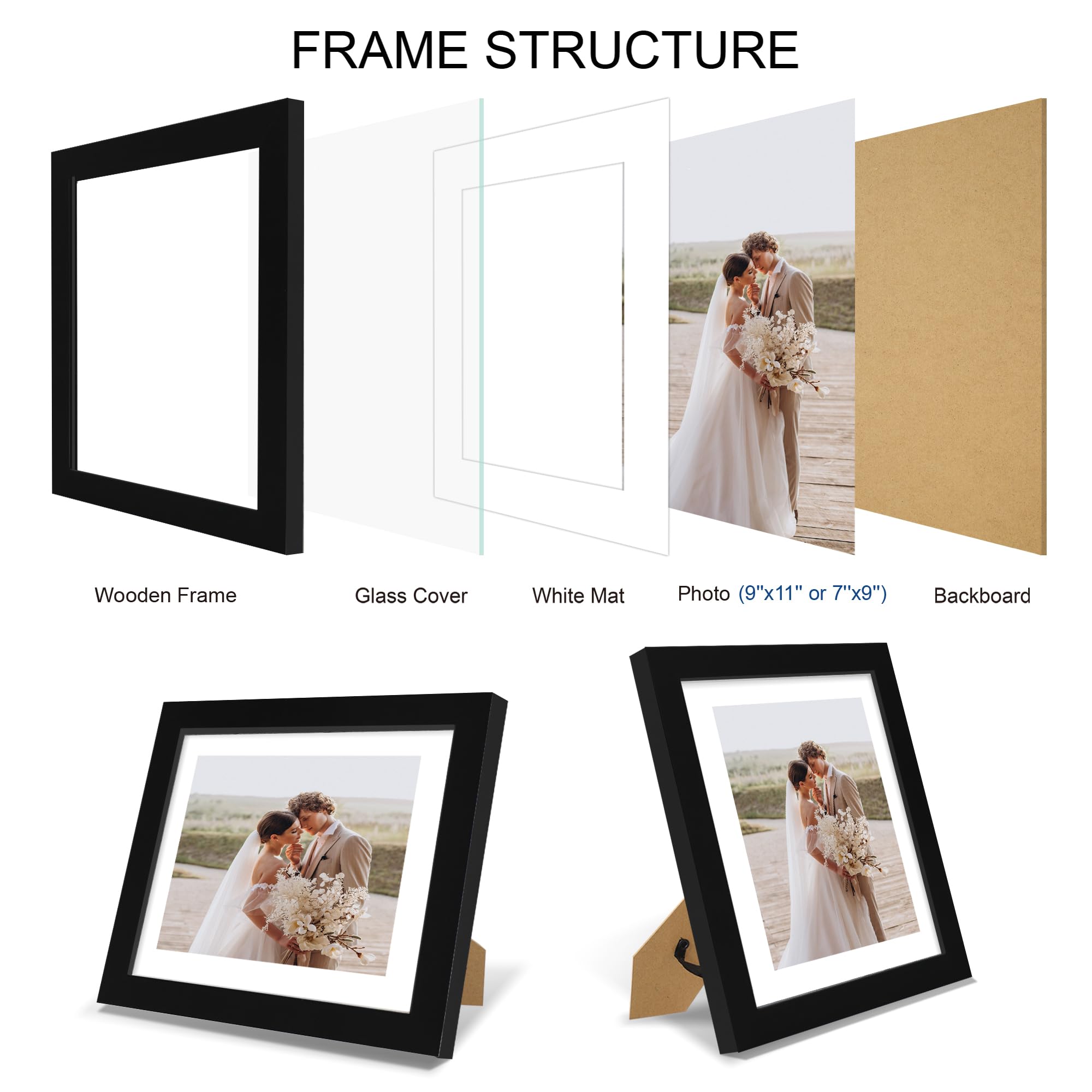 Hongkee 9x11 Picture Frame Set of 4, Made of Real Glass and Black Frame - Display Picture 7x9 with Mat or 9x11 Without Mat, 9 by