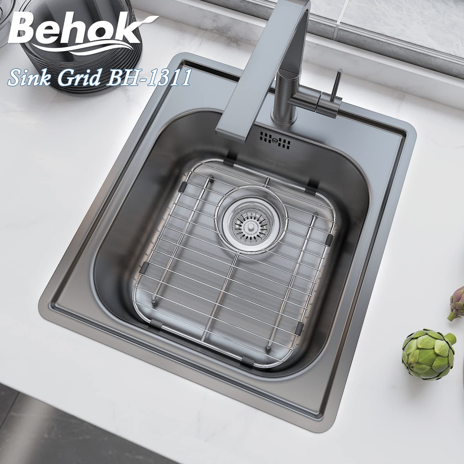 BEHOK Sink Protector Grid 13'' x 11-5/8''  Rear Drain with Corner Radius 1-1/2''  304 Stainless Steel for Kitchen Sink BH-1311 Sink Grate