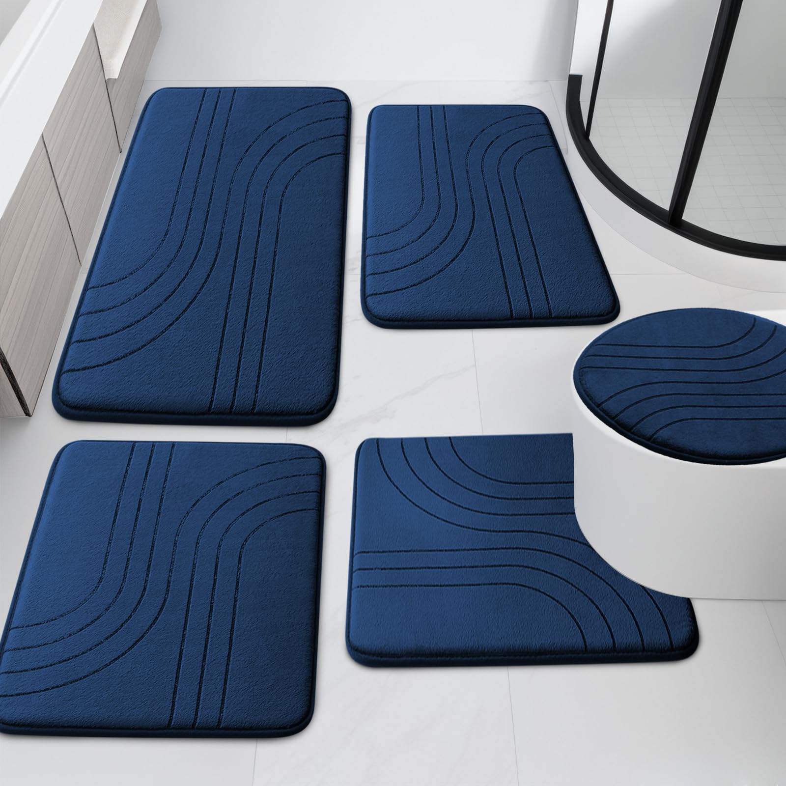 Yihouse Blue Bathroom Rug Set 5 Pieces, Soft Non Slip Memory Foam Bath Mat Set, Extra Thick Bath Mats For Bathroom, Machine Wash