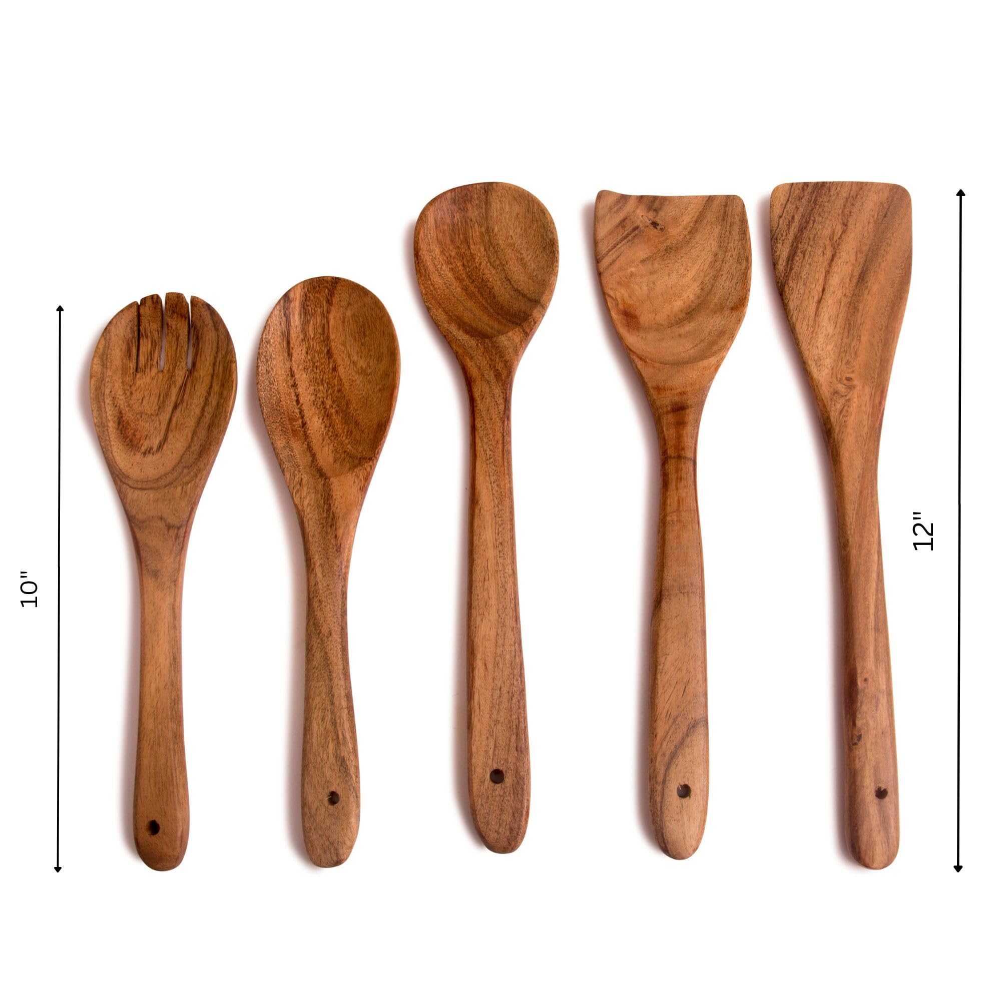 5 Piece Non-Stick Acacia Wooden Cutlery Spoon Set For Cooking, Wood Kitchen Utensils Salad Spoon Fork & Turner, Ladle & Flat Spa