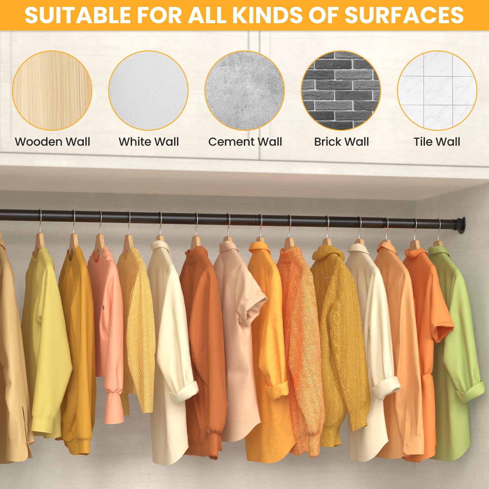 Closet Rods for Hanging Clothes, 17-84 Inch No-Cut Stepless Adjustable Closet Rod, 1.3 Inch Heavy Duty Metal Closet Hanging Rod