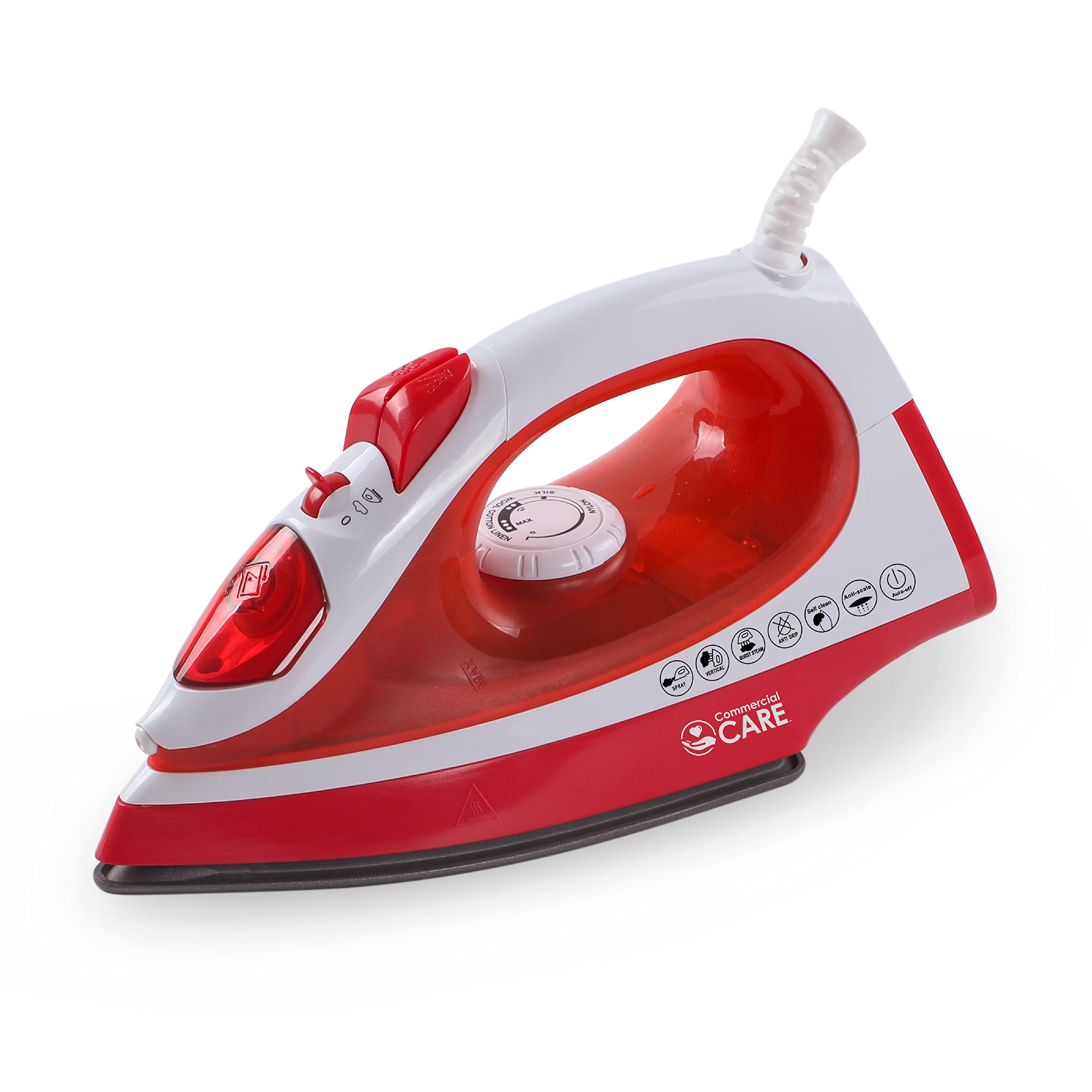 Commercial Care CCSI300 Steam Iron with 7.4 Ounce Water Tank, 1200 Watts, Comfort Grip,Red