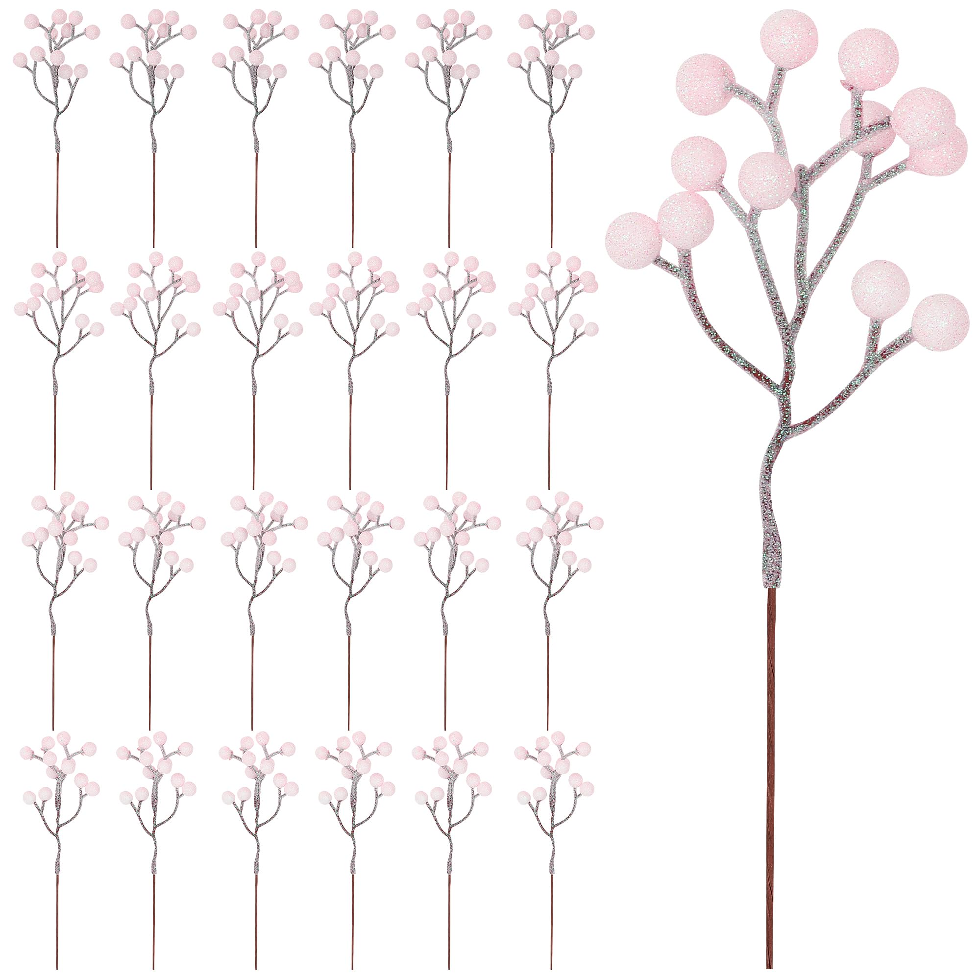 Vipay 24 PCS Berry Stems, 7.08 in Glitter Pink Christmas Tree Decor, Artificial Christmas Berry Branches Xmas Picks for Craft Fl