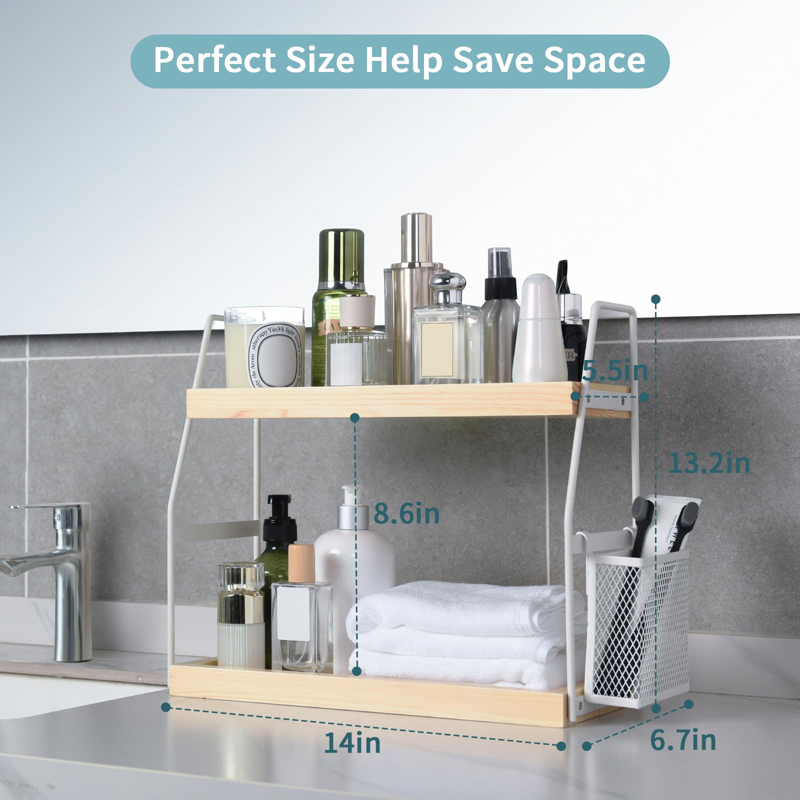 Uneviesyka Bathroom Counter Organizer, 2-Tier Standing Storage Shelf With Basket, Wood Tray For Skincare Vanity Organizer(White)