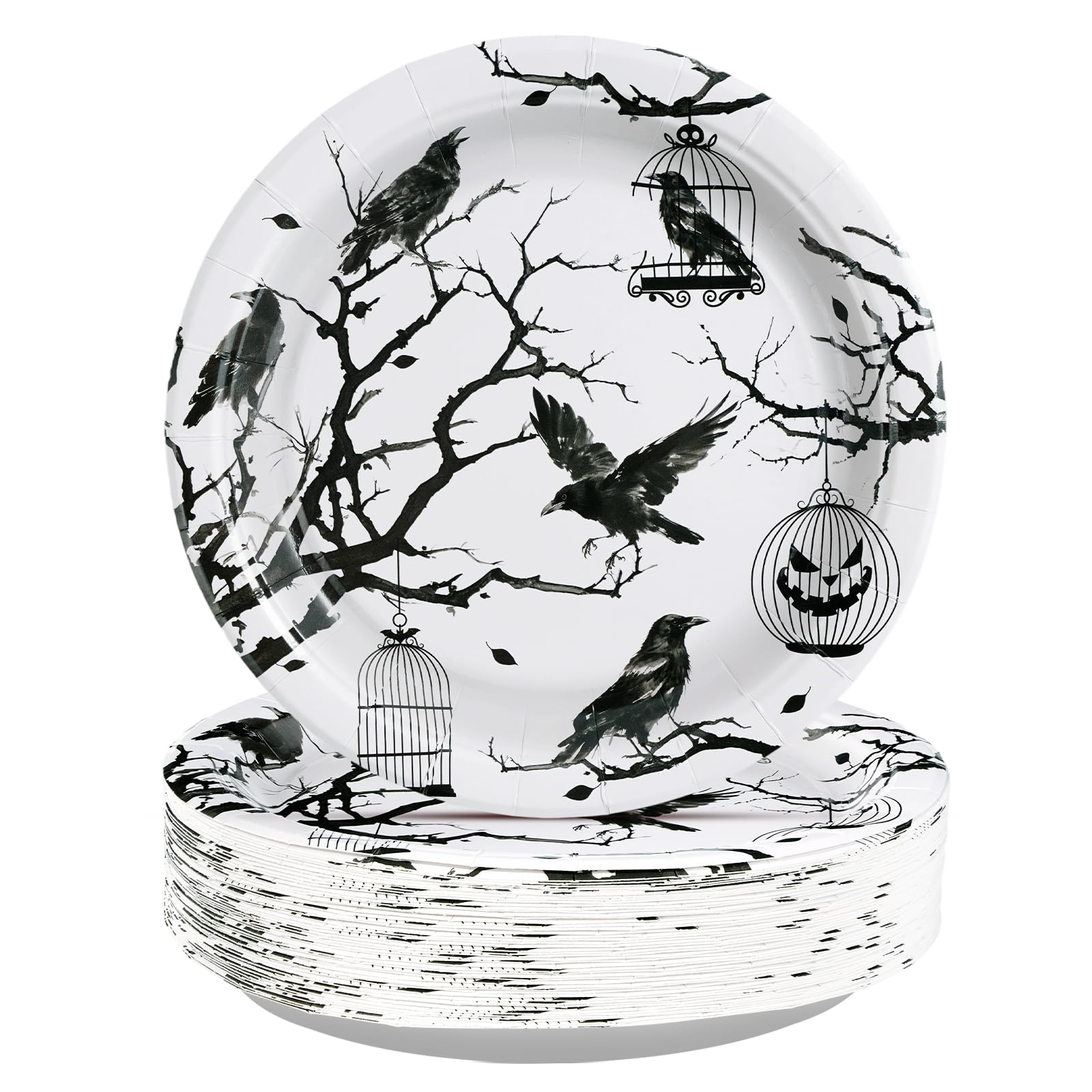 Grencian 50PCS Gothic Halloween Party Supplies Vintage Halloween Crow Plate 9 Inch Disposable Tableware with Crow, Tree and Bird