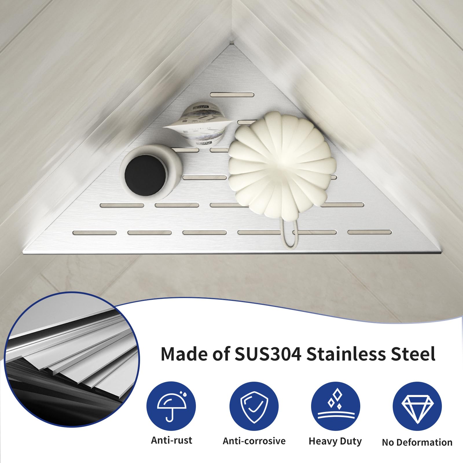 Bernkot Corner Shower Shelf, 12'' Brushed 304 Stainless Steel Slot Design Recessed Corner Shelves 2 Pack Bathroom Shelf Rack For