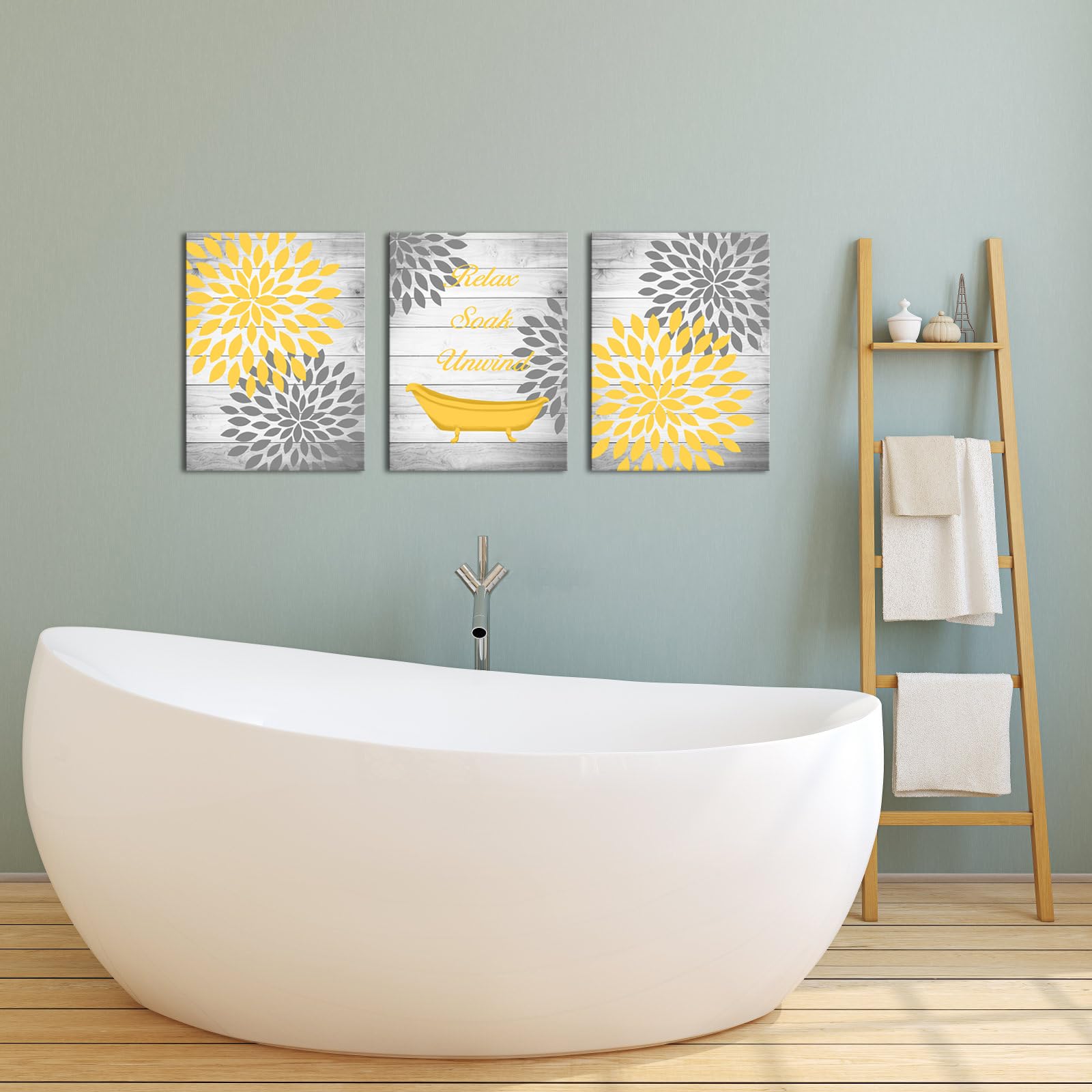 Ryounoart 3 Pieces Yellow Gray Bathroom Wall Art Prints Dahlia Flowers Relax Soak Unwind Signs On Rustic Wood Background Canvas