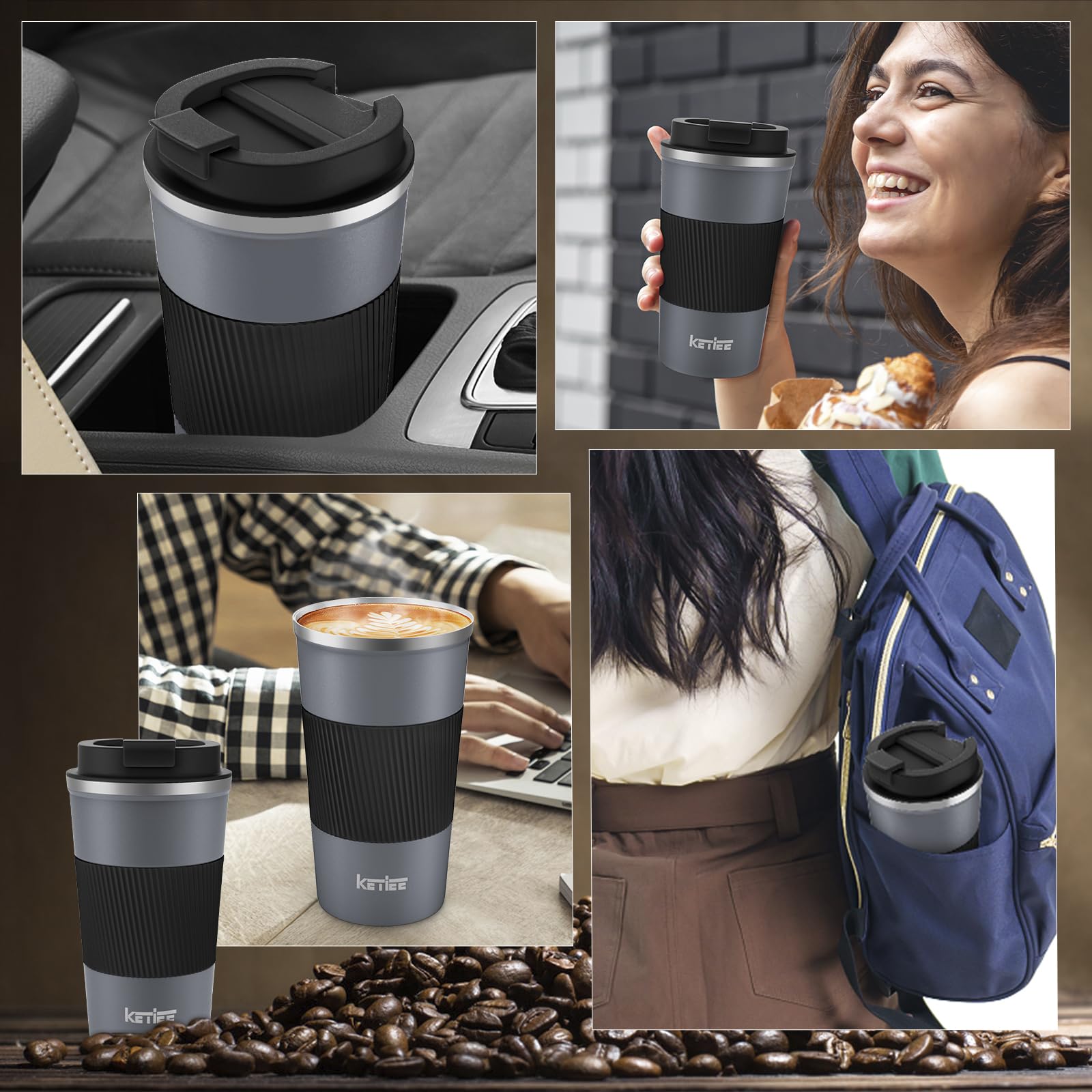 Ketiee Travel Coffee Mug 12Oz: Insulated Coffee Cup With Leakproof Lid, Coffee Tumbler, Reusable Coffee Cups With Seal Lid, Vacu