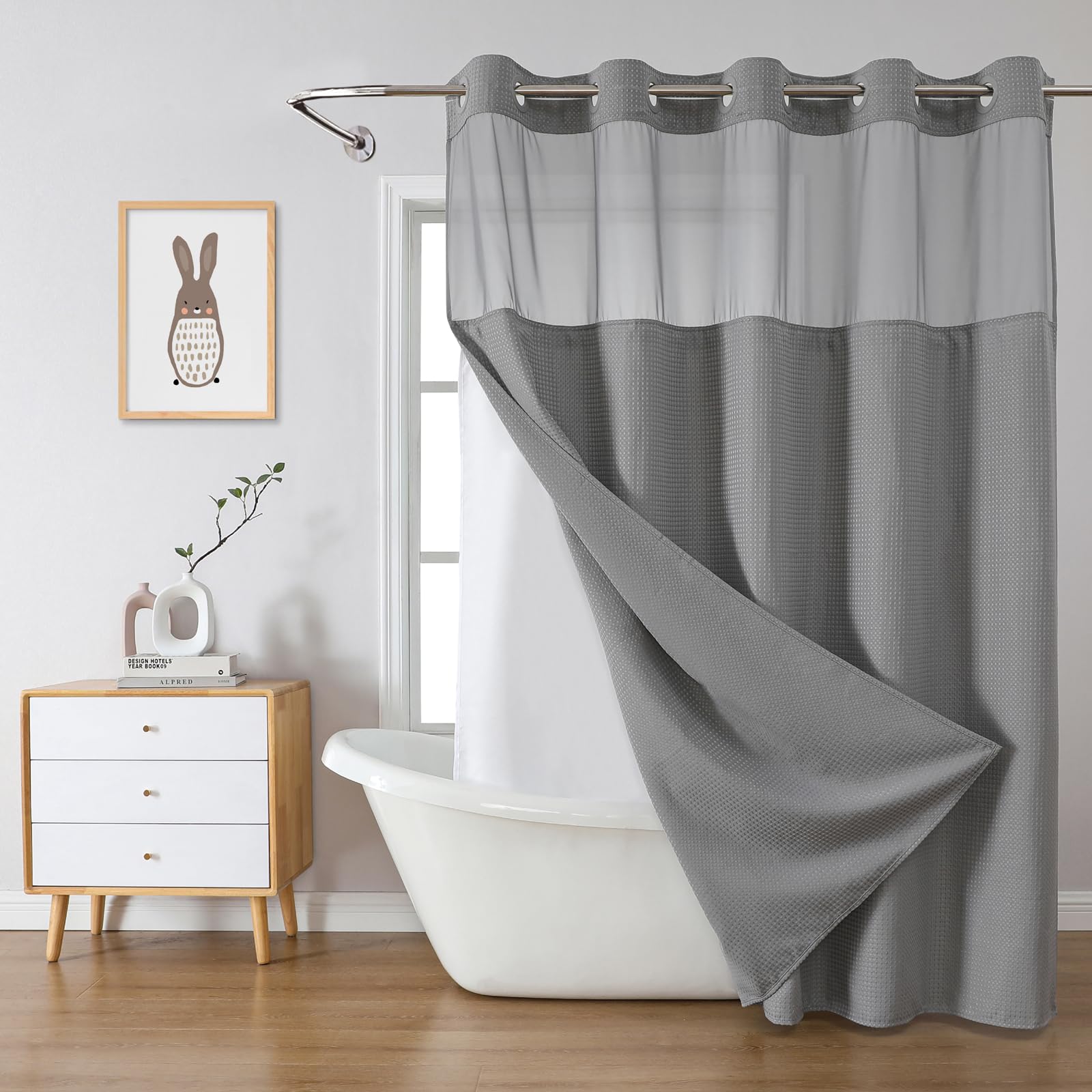 Eachope Grey No Hook Waffle Weave Shower Curtain With Snap-In Liner Replacement, 230Gsm Waterproof Fabric Hotel Shower Curtain S