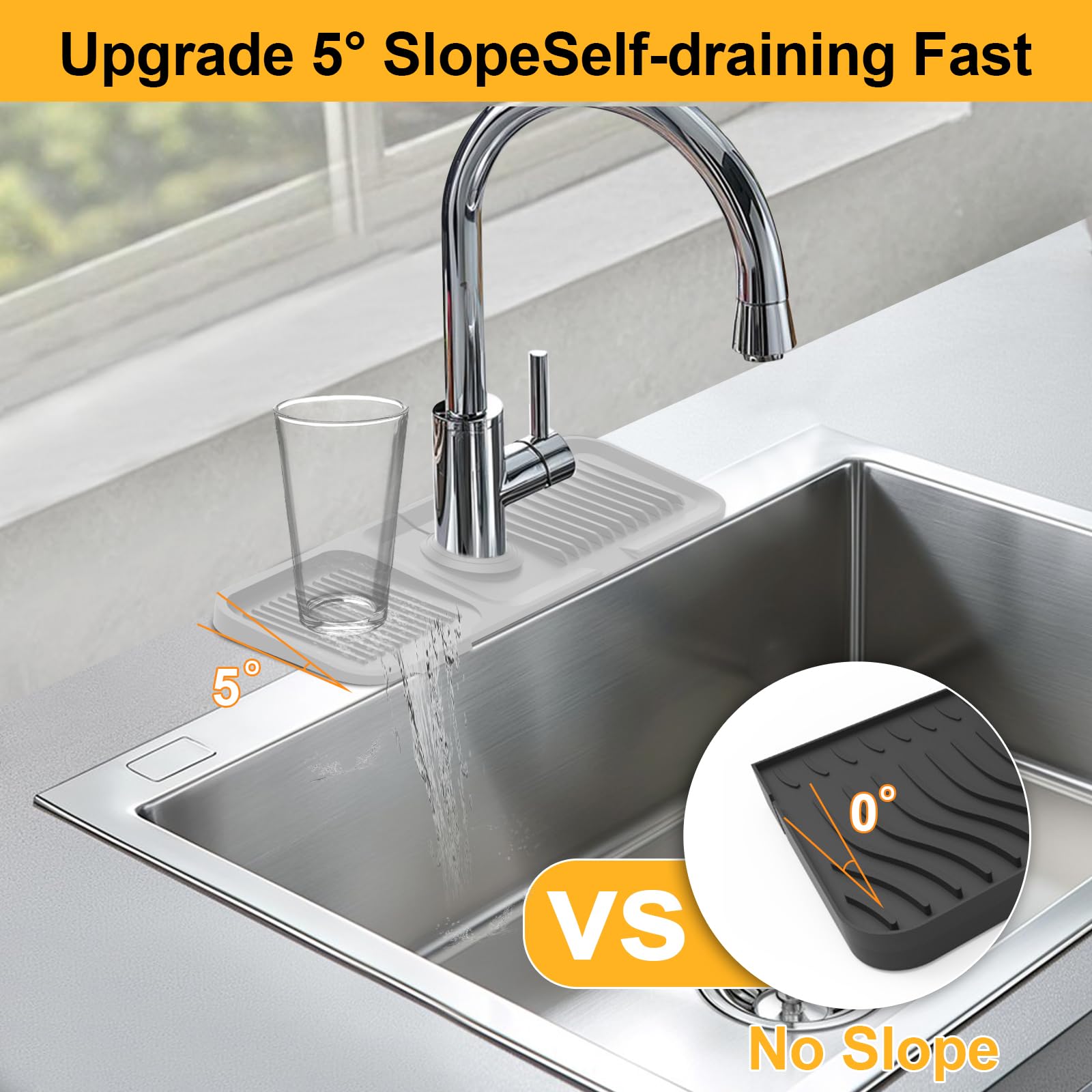 Doeklpo 17.7 Inch Silicone Faucet Mat For Kitchen Sink, 5Slope Fast Draining Kitchen Sink Splash Guard Behind Faucet, Tidy Splas