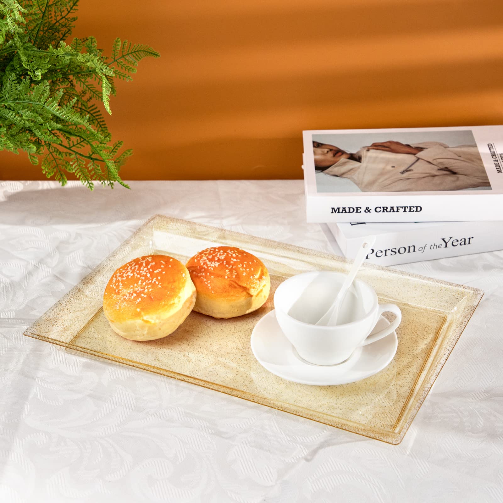 I00000 6 Pack Gold Glitter Plastic Serving Tray, 15'' X 10'' Crooked Food Trays, Clear Disposable Serving Platter For Parties, W