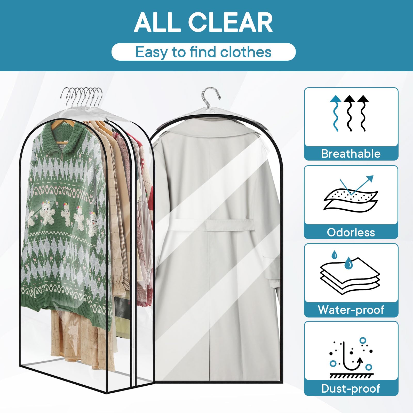Moucas 10'' Gusseted All Clear Garment Bag, 50'' Suit Bags For Closet Storage, Garment Bags For Hanging Clothes, Garment Covers
