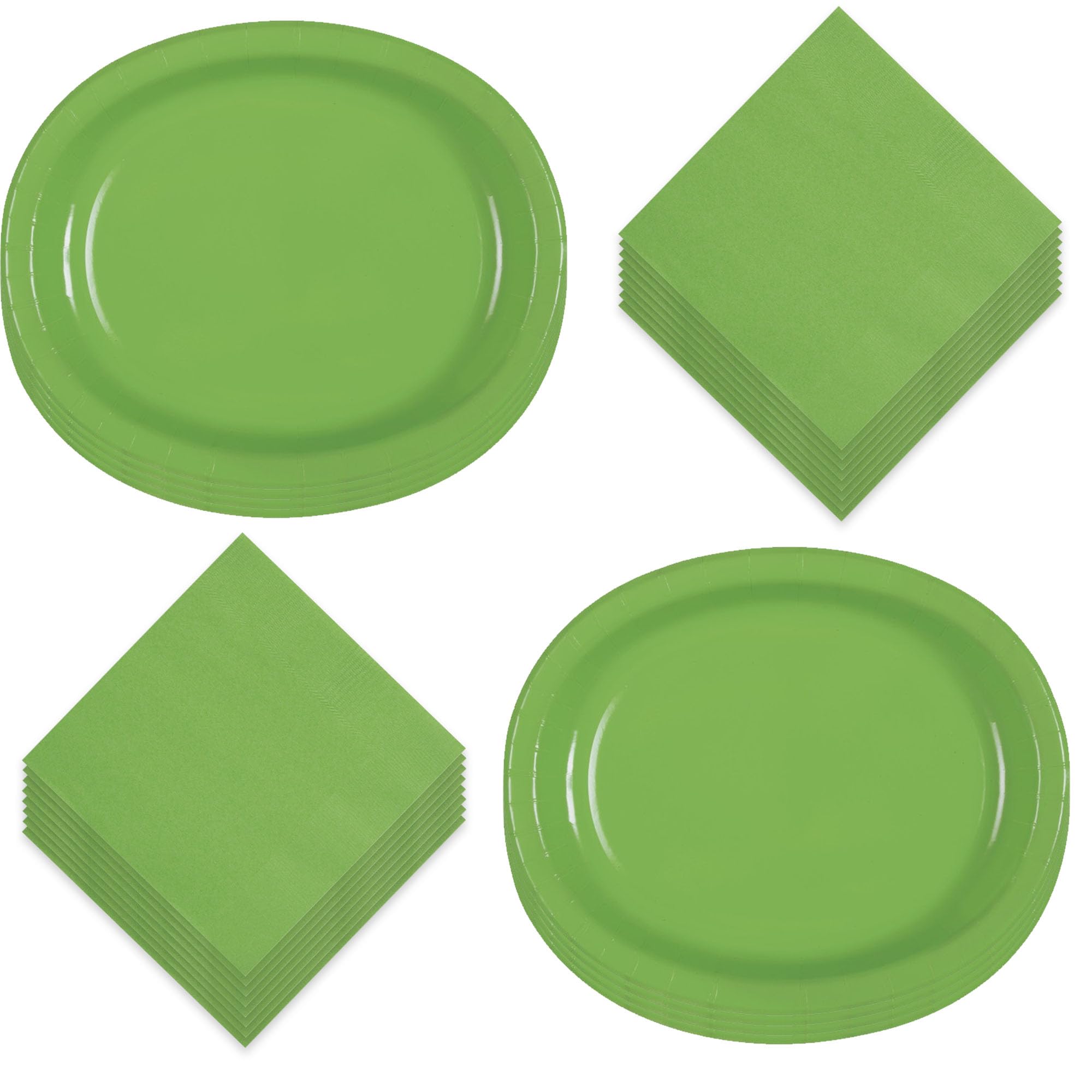 Solid Lime Green Large Oval Paper Dinner Plates and Lunch Napkins, Green Party Supplies and Table Decorations (Serves 16)