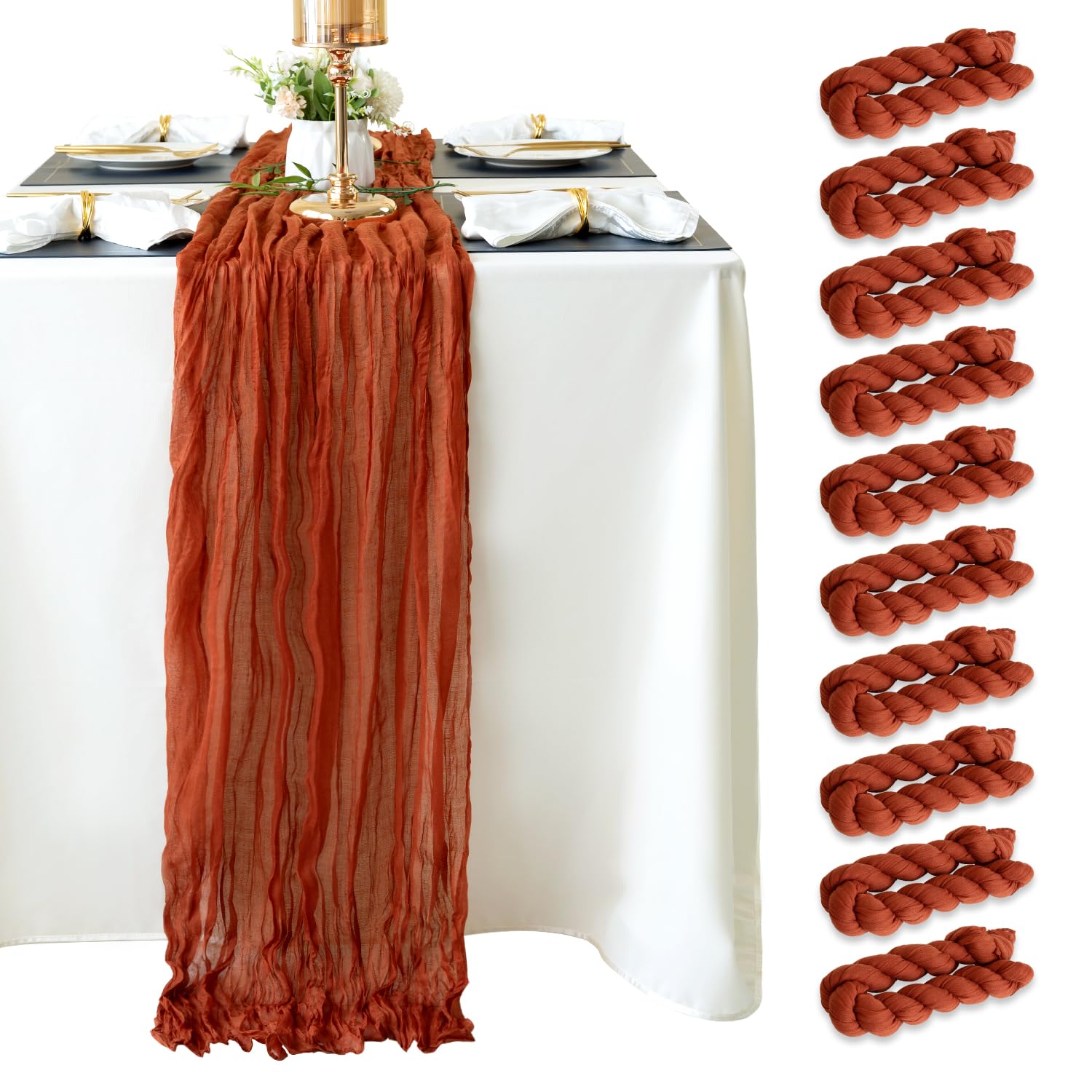 Sioloc 10 Pack Terracotta Cheesecloth Table Runner,10Ft Rust Cheesecloth Table Runner,Boho Gauze Table Runner For Wedding Bridal
