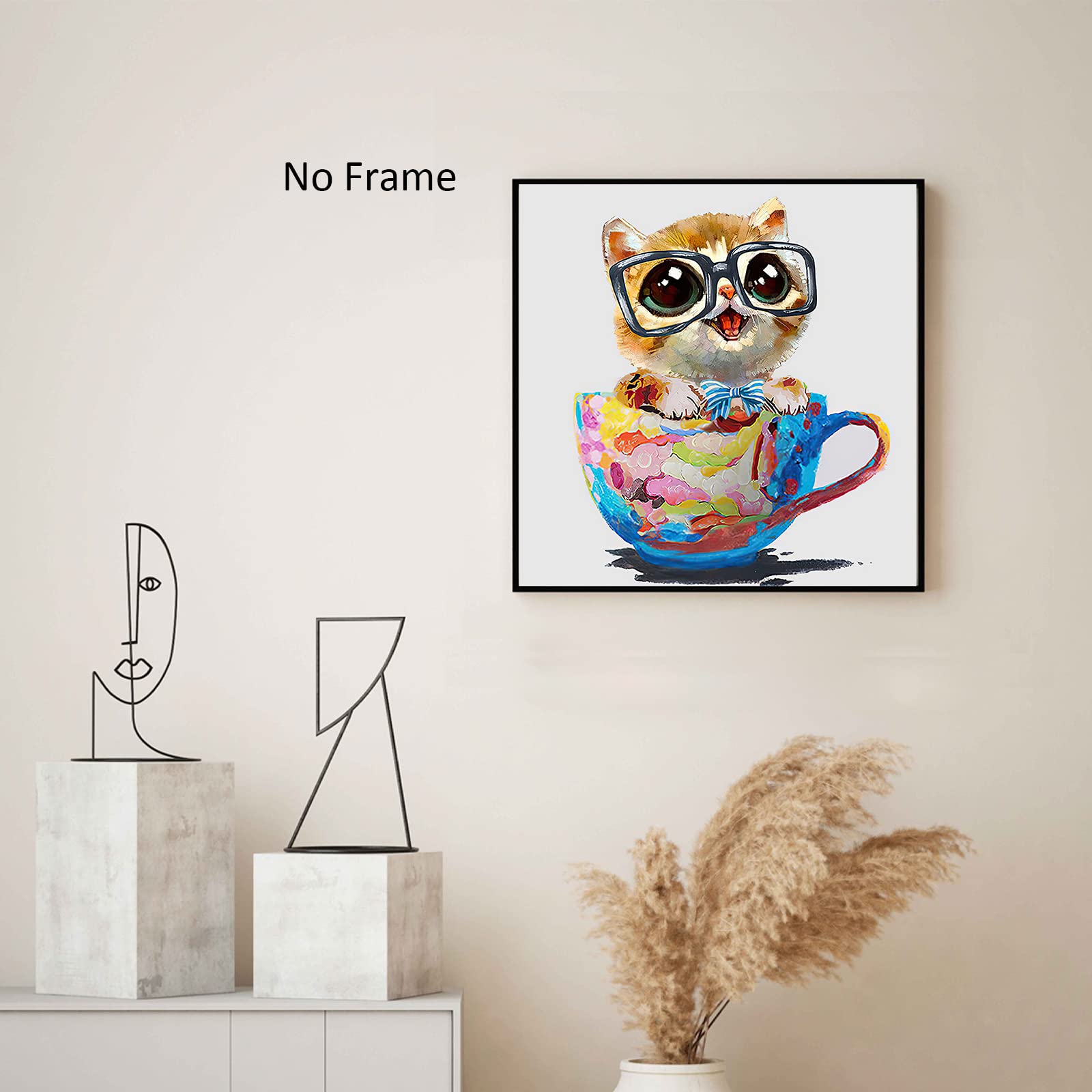 Watercolor Cat Canvas Art Cat In A Cup Canvas Painting Cat Picture Prints Cat Art Prints Cute Animal Poster Cat With Glasses Wal
