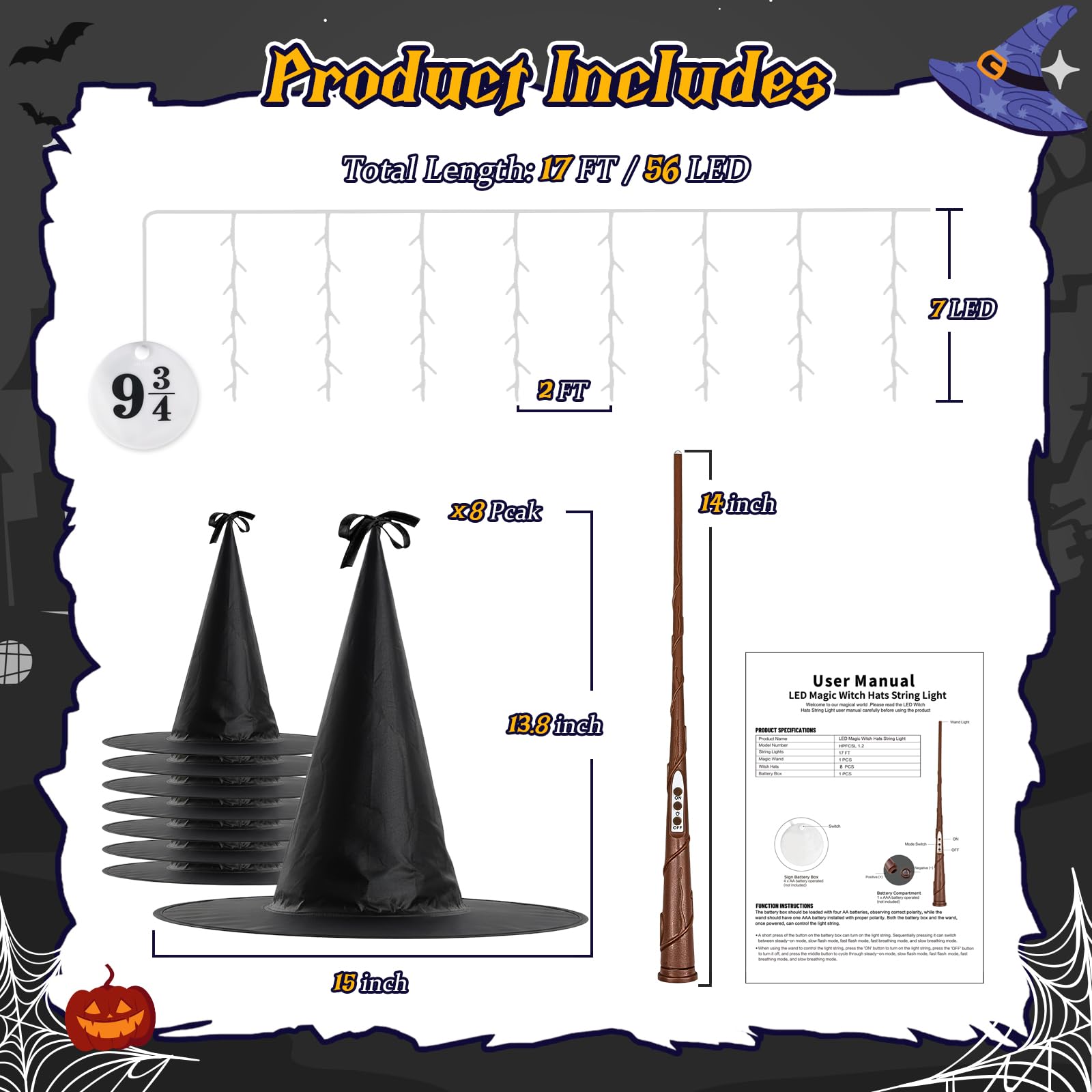 FlyQintess 8Pcs Hanging Witch Hats String Light, Floating Witch Hat with 8 Light Modes with Wand Control, Floating Light Up Blac