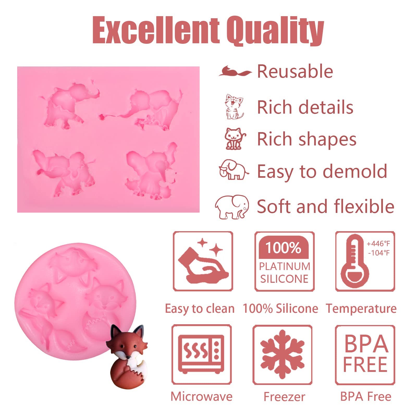 Elephant Silicone Chocolate Molds, 4 Pcs Cut Cat Foxes Animals Fondant Molds For Baby Shower Cake Decoration Candy Cupcake Toppe