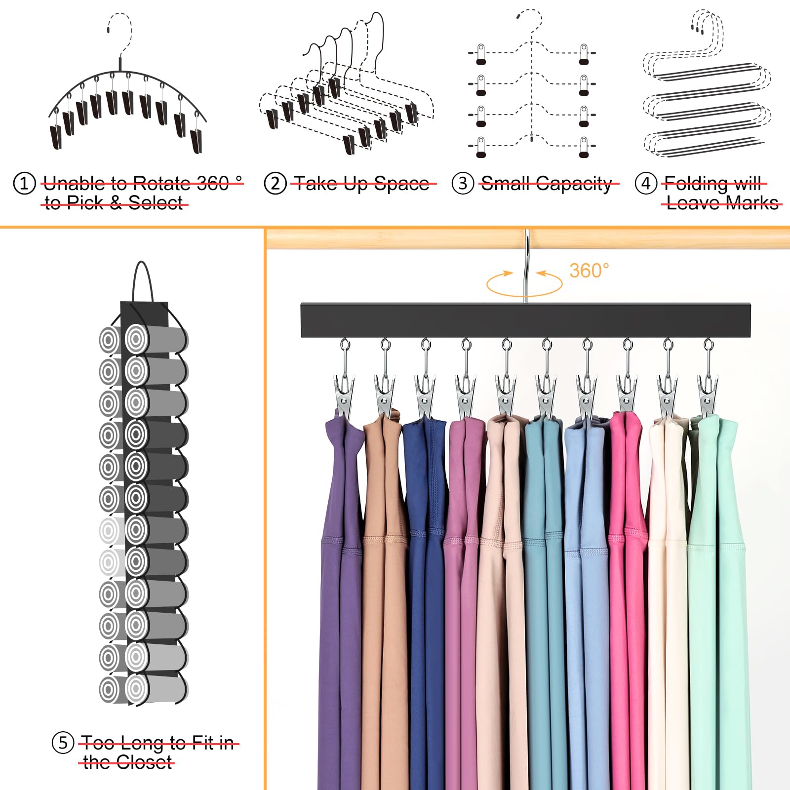 Legging Organizer for Closet  Pants Hangers with Clips Holds 20 Leggings  Jeans  Hats  Shorts  Socks  360? Rotating Space Saving Hanging Clothes Organizer for Closet Organizers and Storage 2Pcs