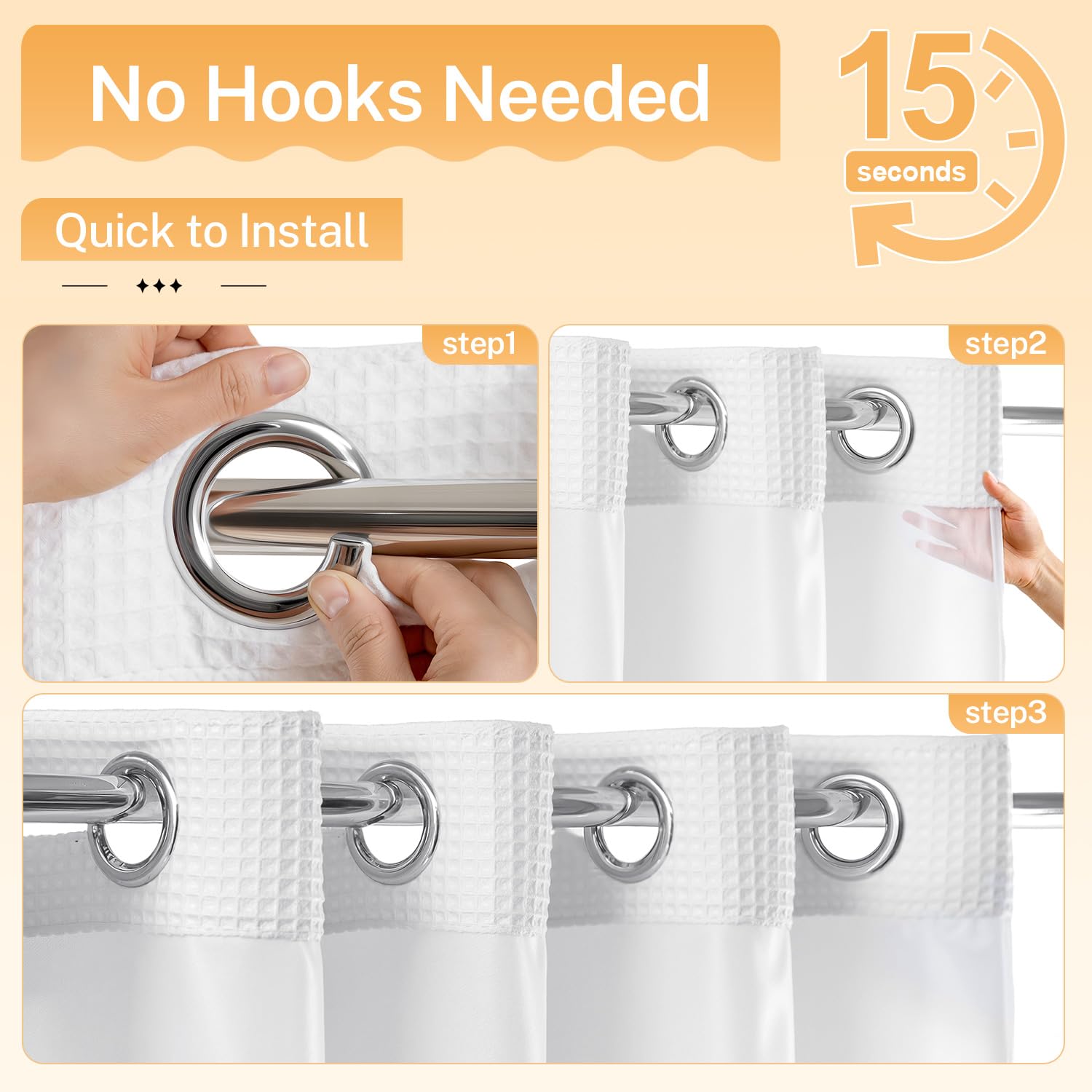 River Dream White Fabric Shower Curtain Set  Cotton Blend  Waffle Weave  with Snap in Replacement Liner 71 x 86 inches