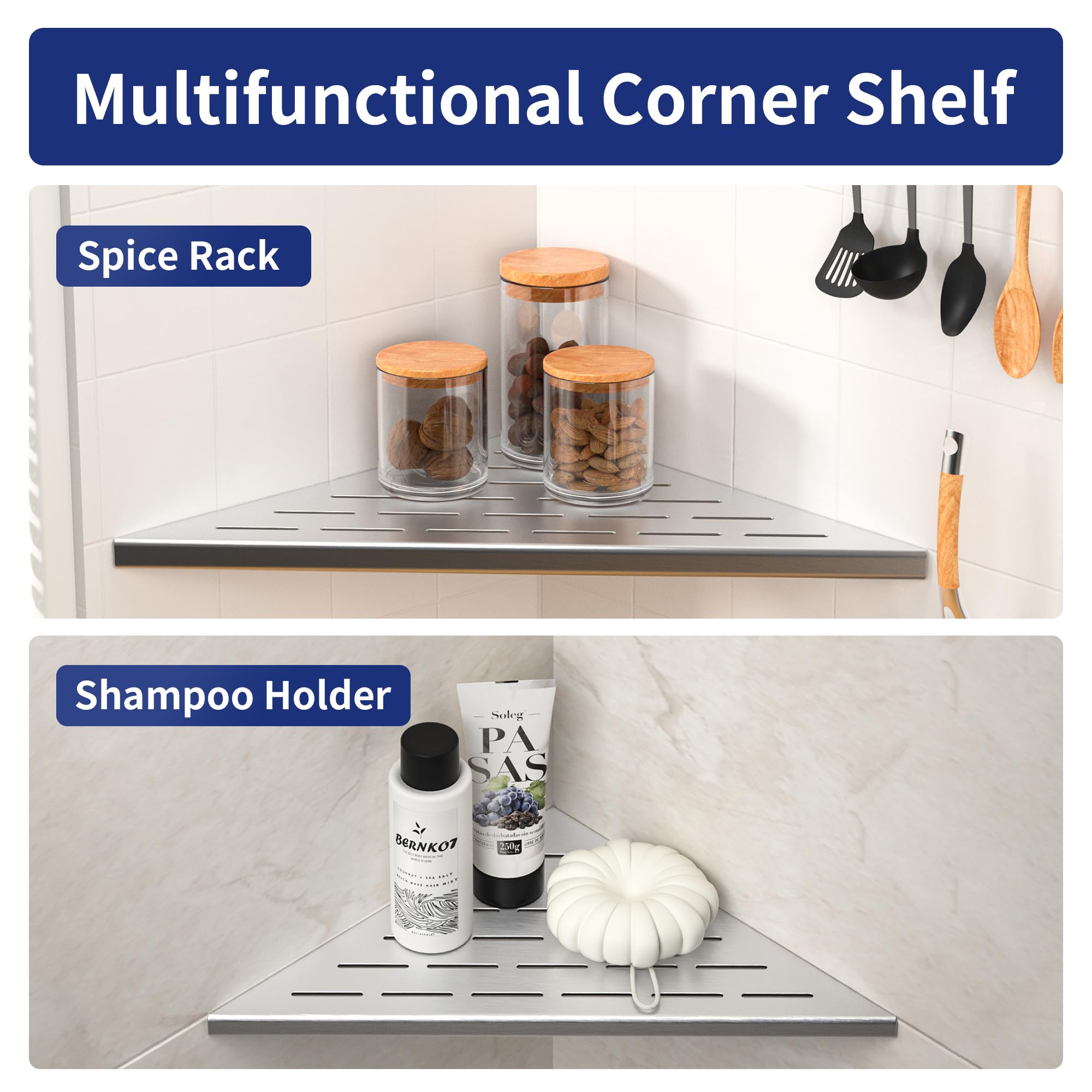Bernkot Corner Shower Shelf, 12'' Brushed 304 Stainless Steel Slot Design Recessed Corner Shelves 2 Pack Bathroom Shelf Rack For