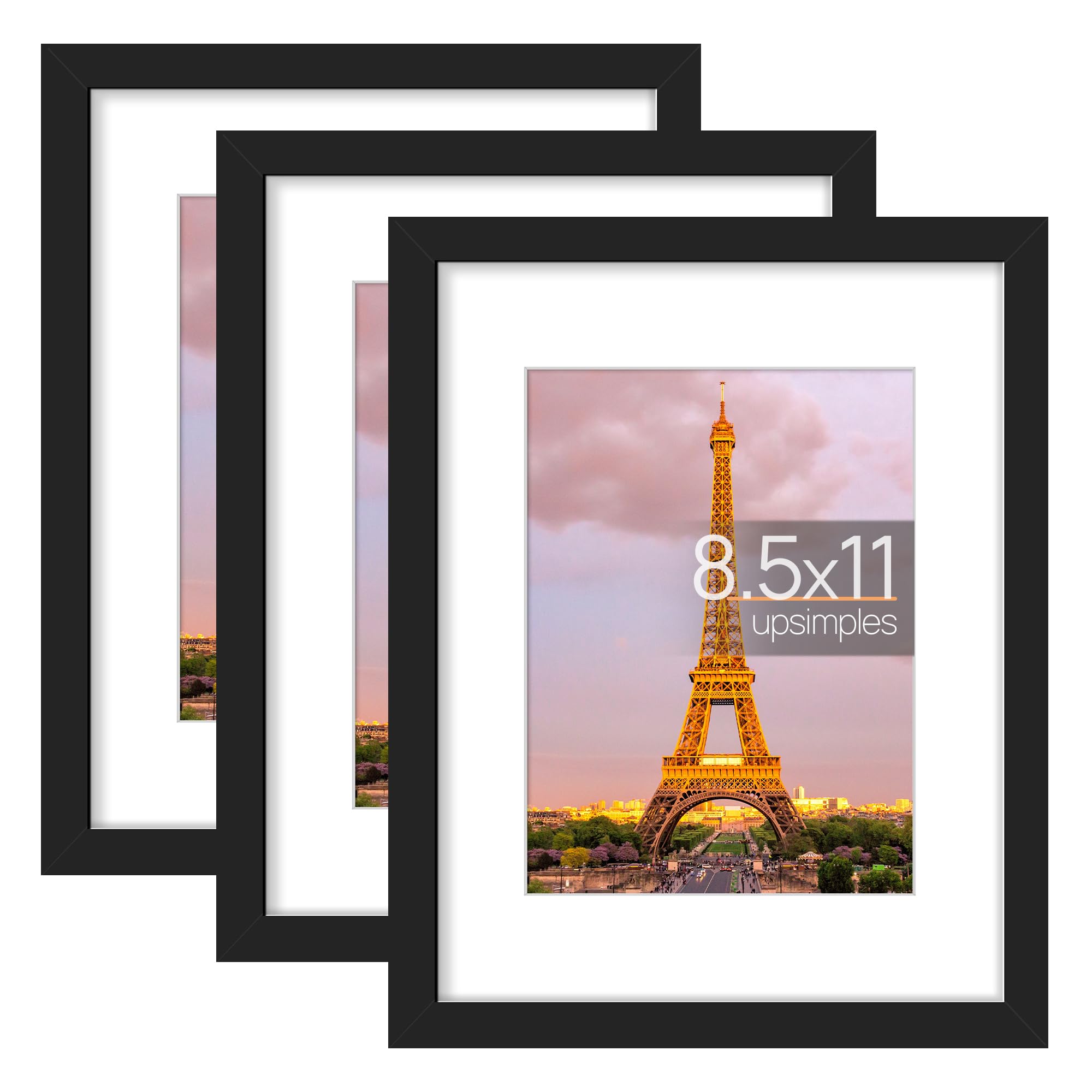upsimples 8.5x11 Picture Frame Set of 3, Made of High Definition Glass for 6x8 with Mat or 8.5x11 Without Mat, Wall and Tabletop