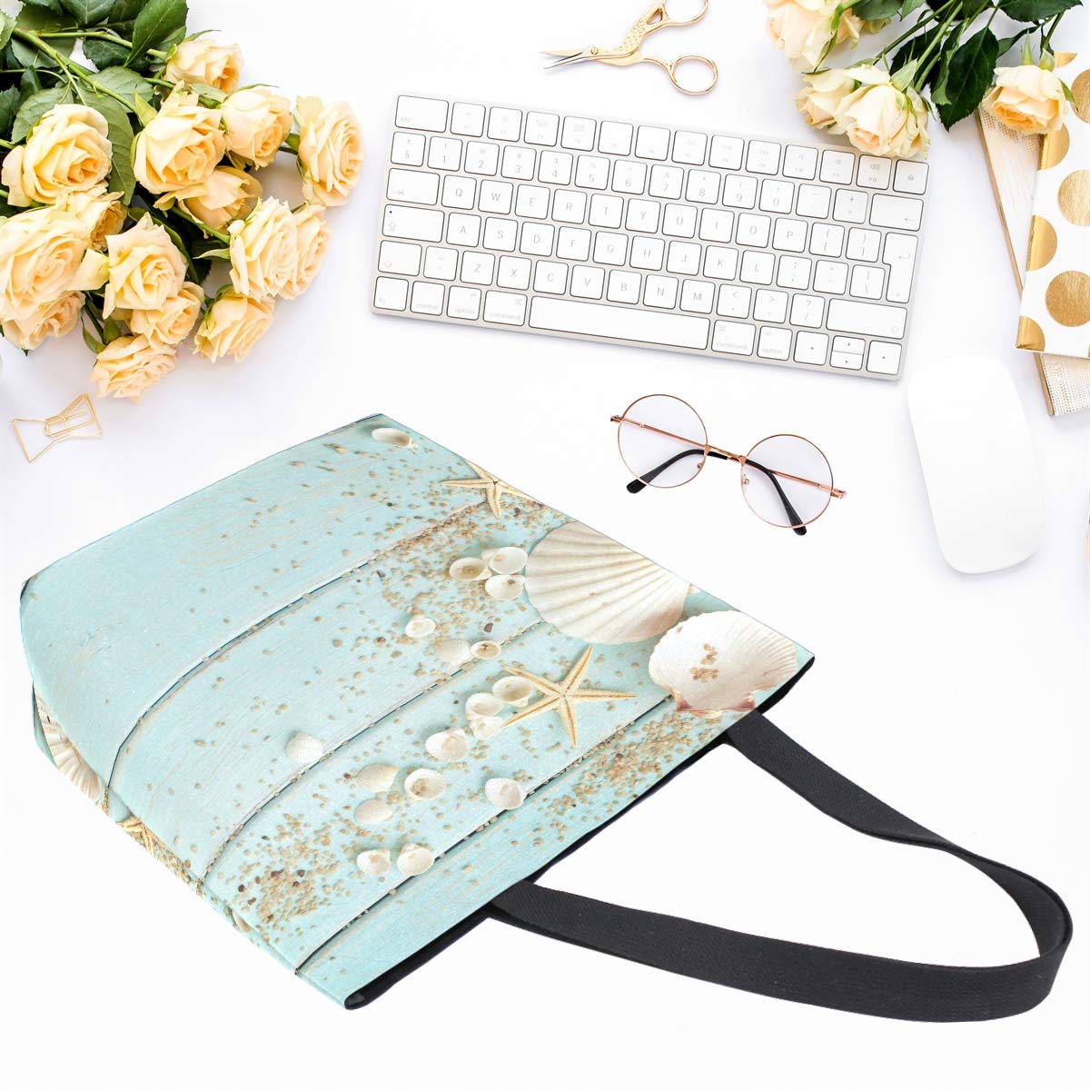 Naanle Ocean Canvas Tote Bag Large Women Casual Shoulder Bag Handbag, Wooden Seashell Reusable Multipurpose Heavy Duty Shopping