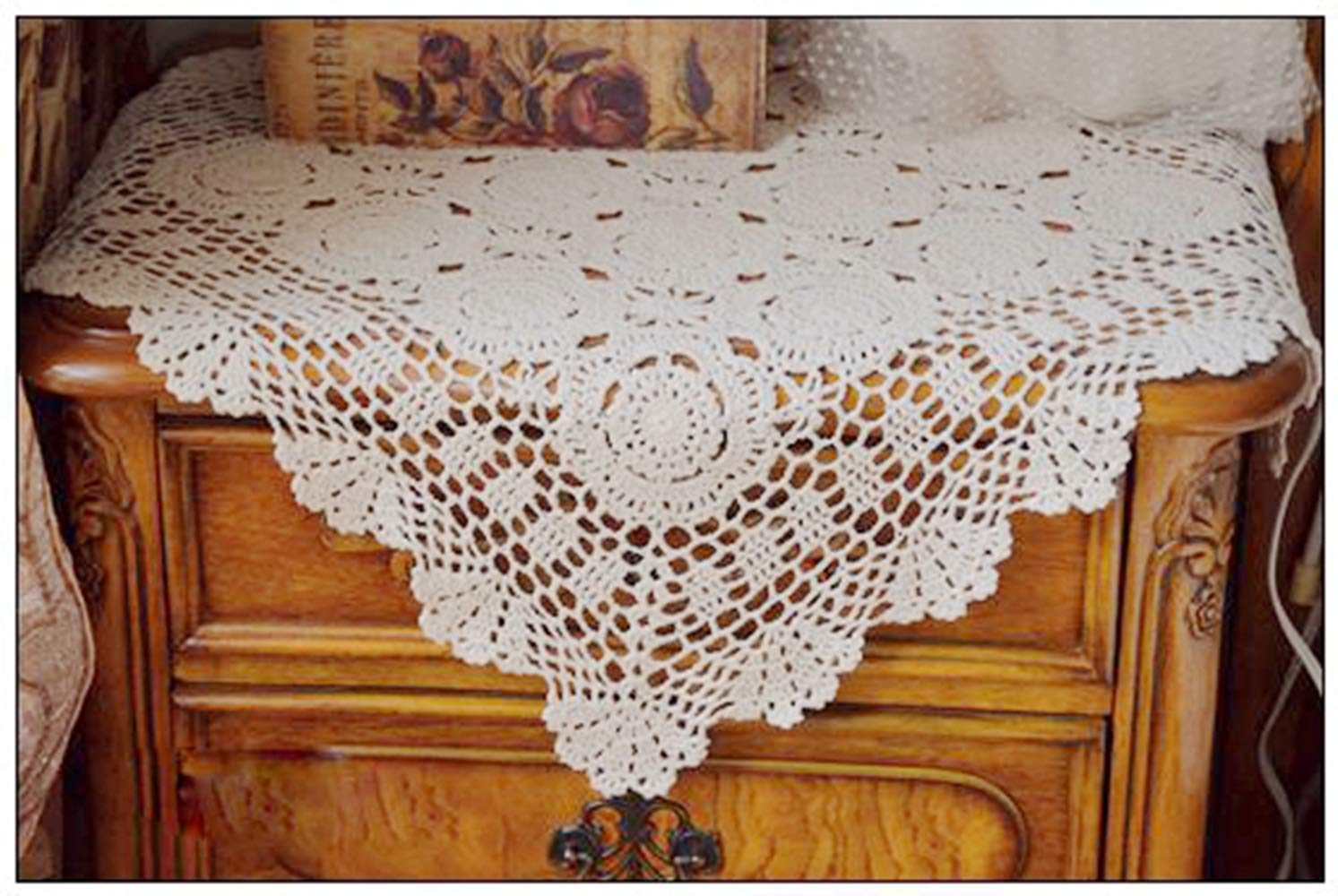 Hetao 100% Cotton Handmade Crochet Square Tablecloth Doilies Lace Table Covers ,Beige, 19 Inch