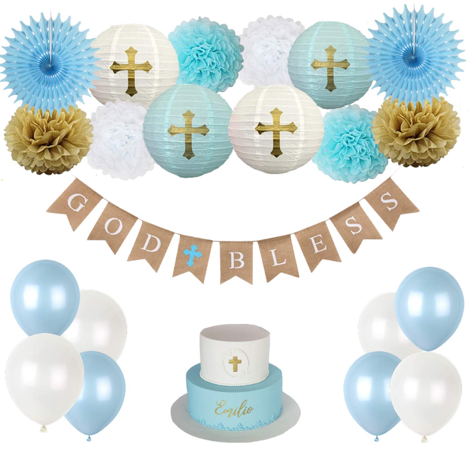 Chrorine Baptism Decorations For Boys, First Communion Confirmation Decorations, God Bless Banner And Blue Party Decorations - B