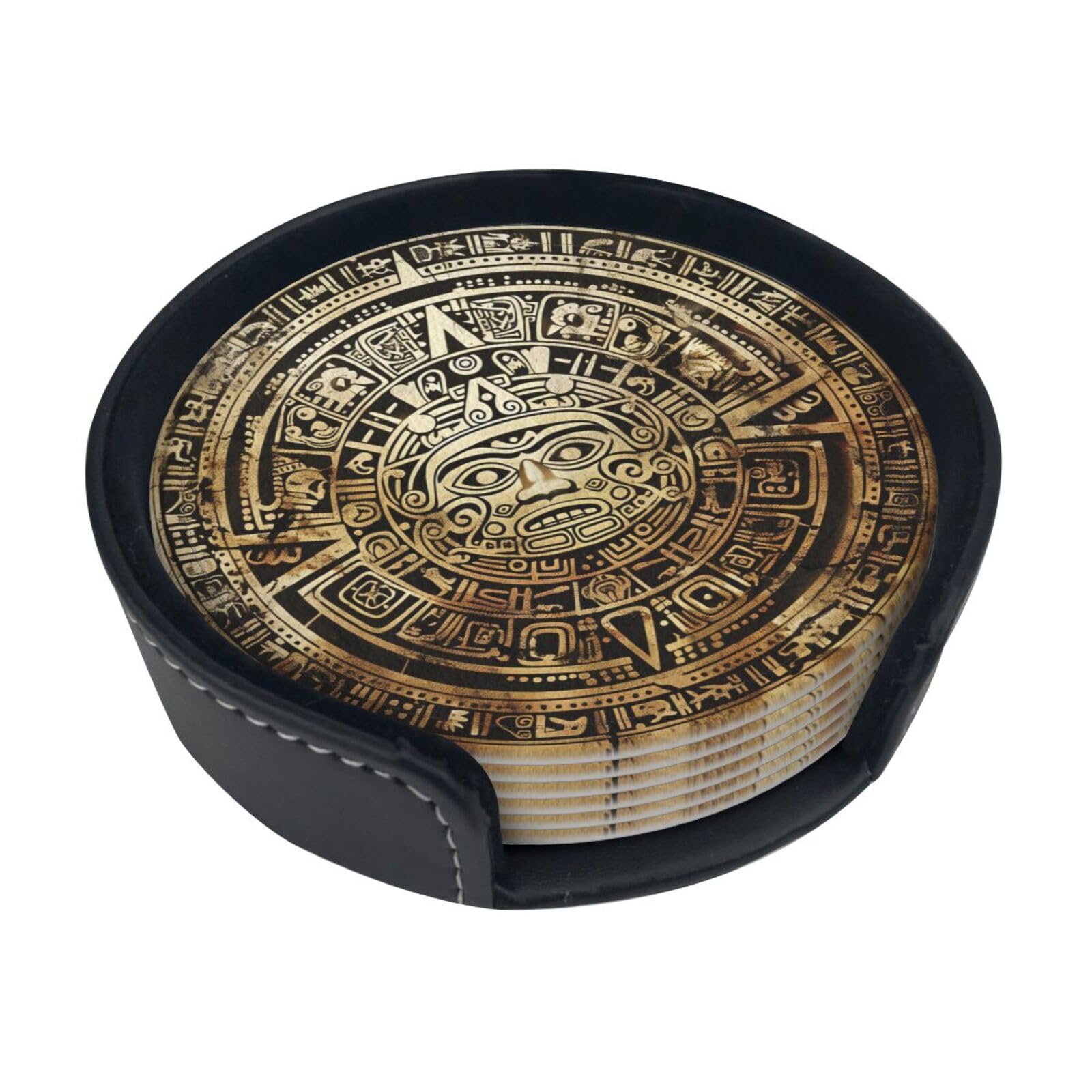 Aztec Calendar Mayan Coasters For Drinks With Holder, Leather Coasters Set Of 6, Round Cups Mugs Mat Pad For Home Kitchen