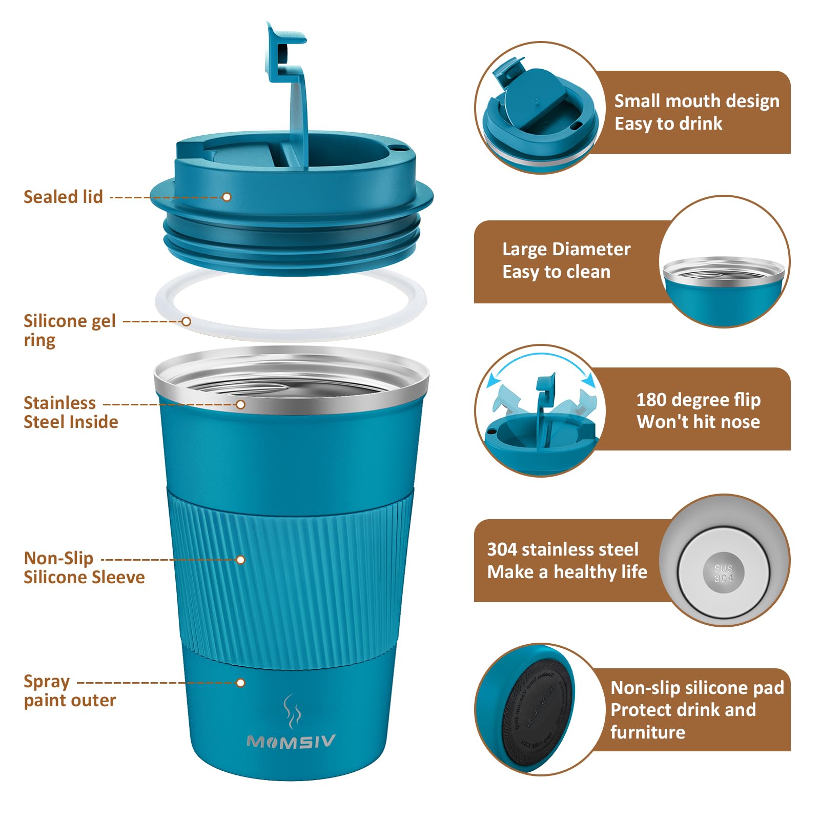 MOMSIV 12oz Insulated Travel Mug, Stainless Steel Coffee Cup with Leakproof Lid, B-Blue, Reusable for Hot & Cold Beverages